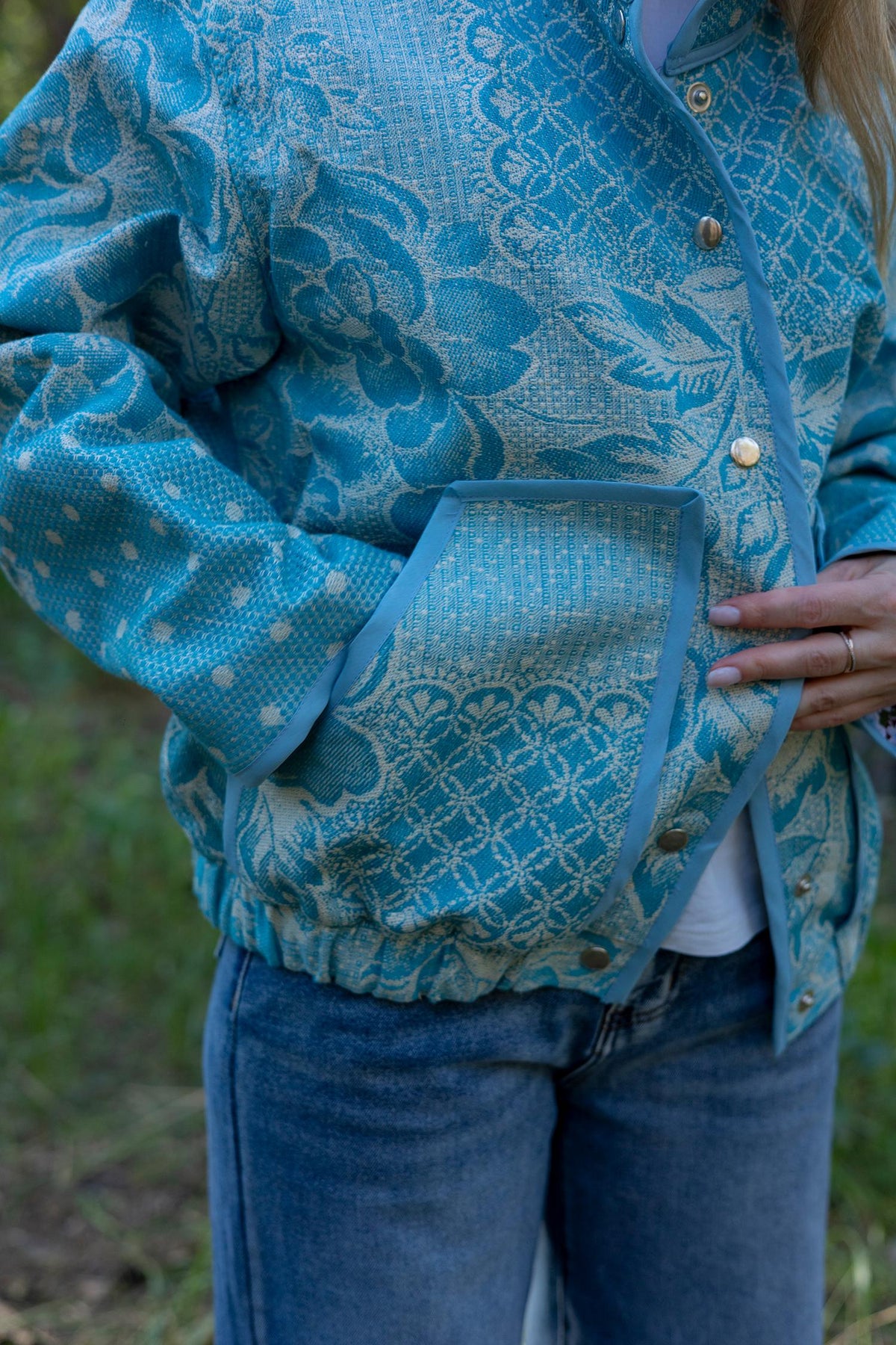 Upcycled Vintage Blanket Bomber Jacket, Turquoise Boho Quilted Outerwear M-L
