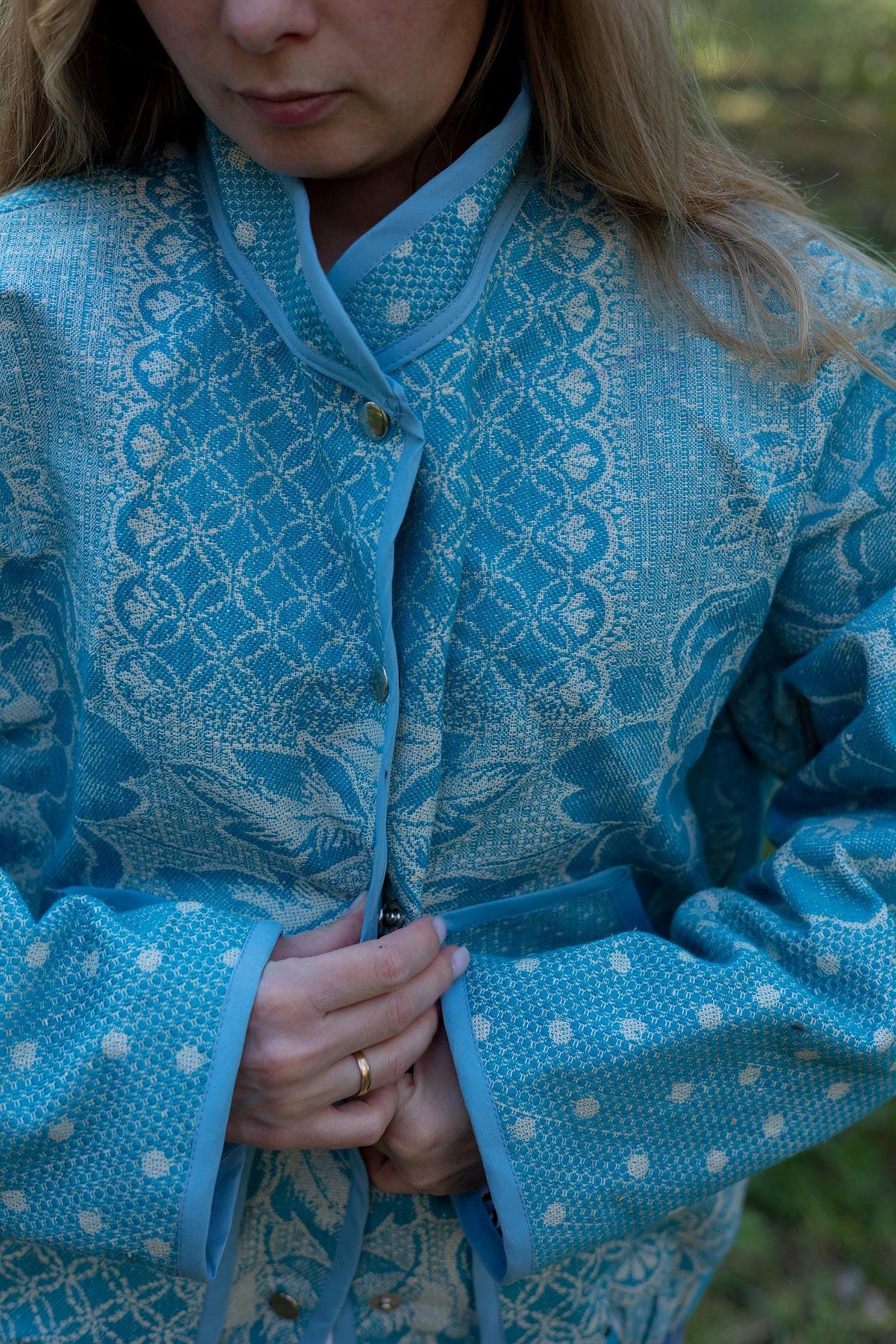 Upcycled Vintage Blanket Bomber Jacket, Turquoise Boho Quilted Outerwear M-L
