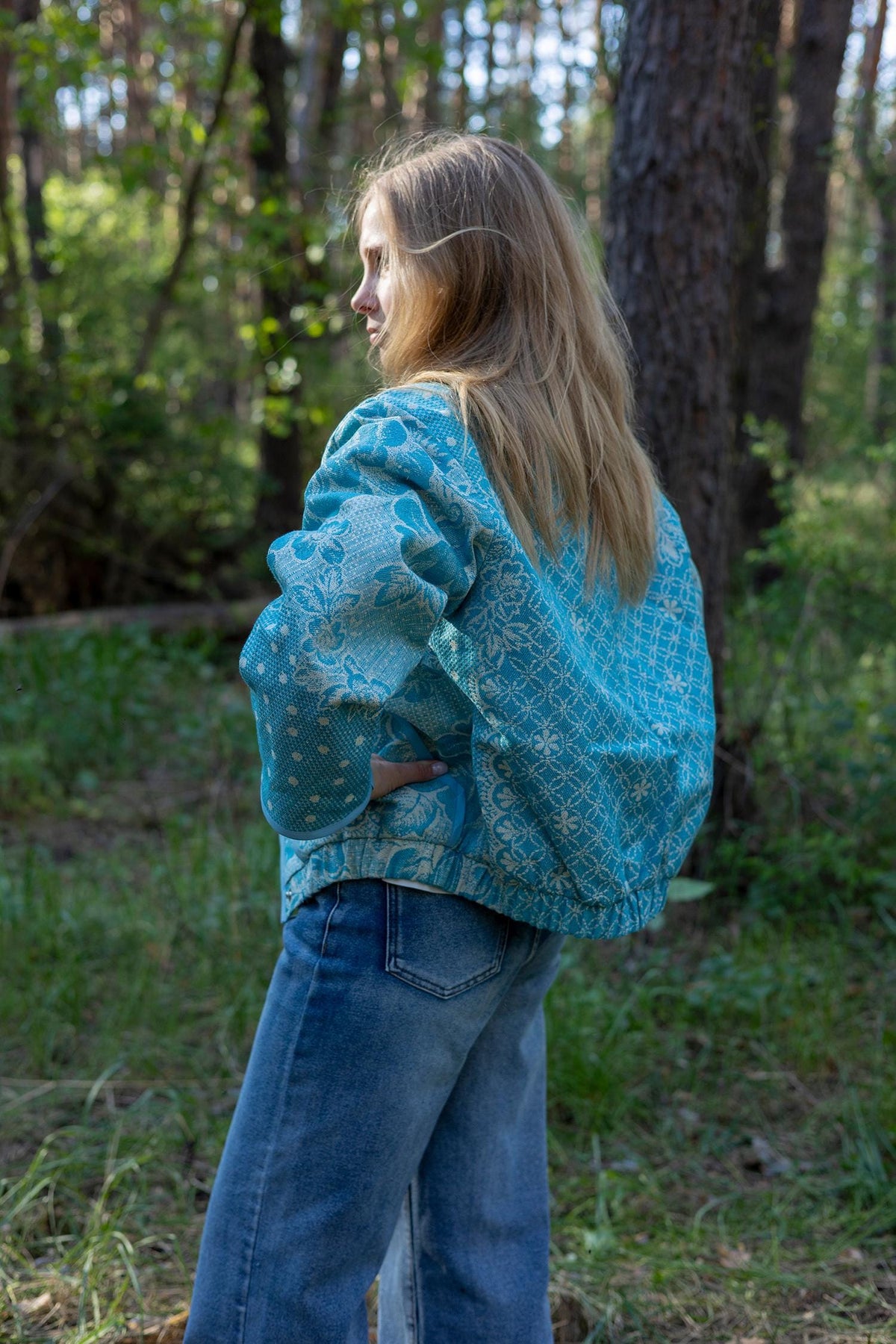 Upcycled Vintage Blanket Bomber Jacket, Turquoise Boho Quilted Outerwear M-L