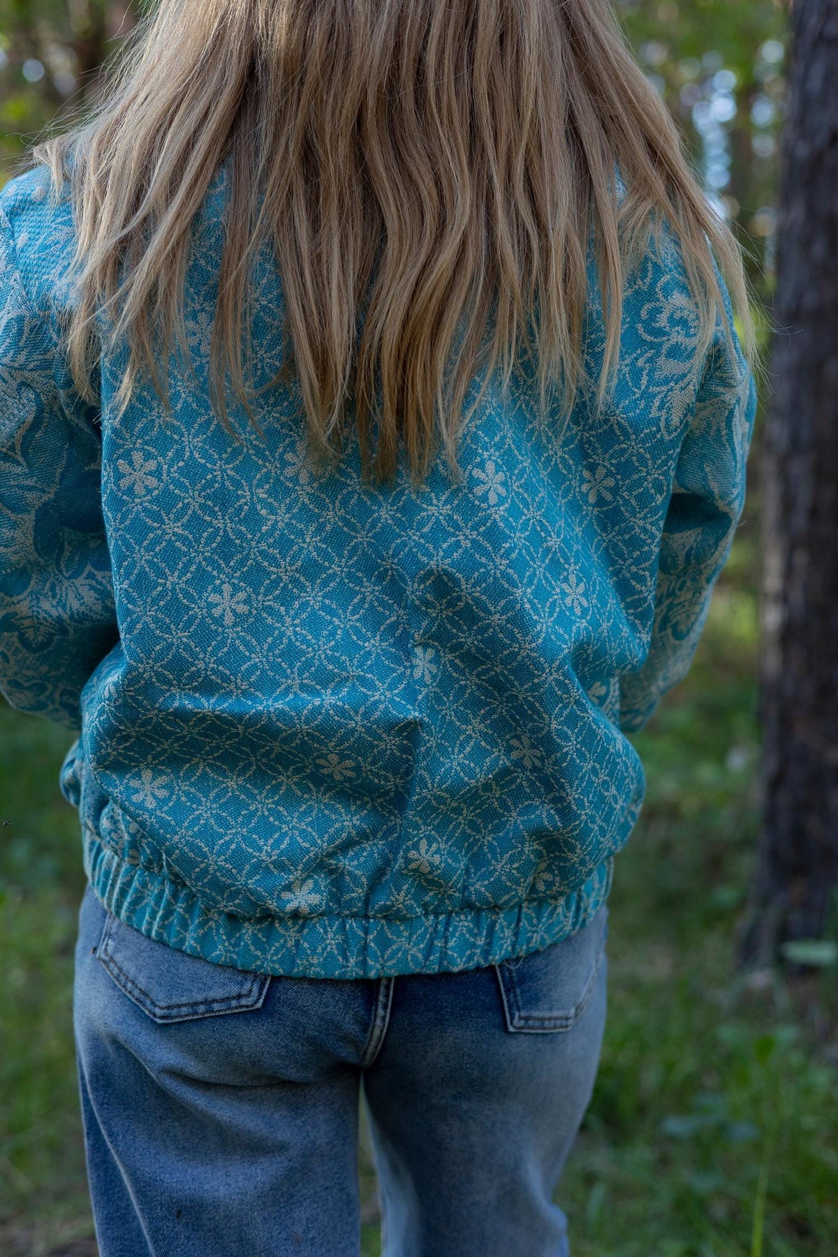 Upcycled Vintage Blanket Bomber Jacket, Turquoise Boho Quilted Outerwear M-L