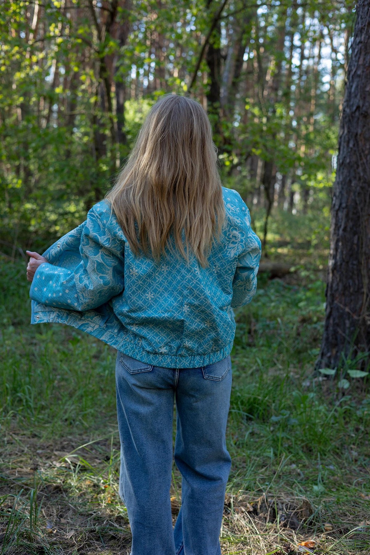 Upcycled Vintage Blanket Bomber Jacket, Turquoise Boho Quilted Outerwear M-L