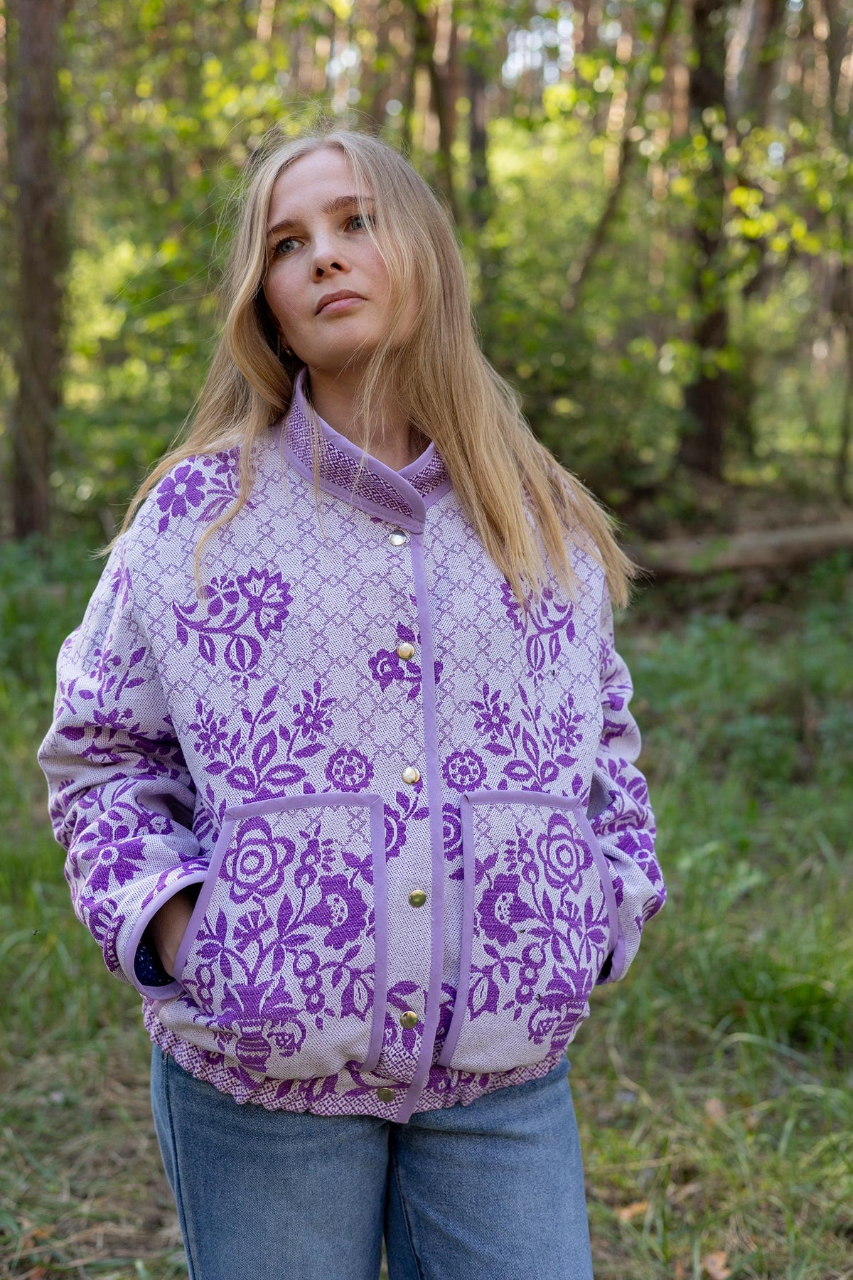 Upcycled Floral Quilt Bomber Jacket, Oversized Purple Statement Coat, Sustainable M/L