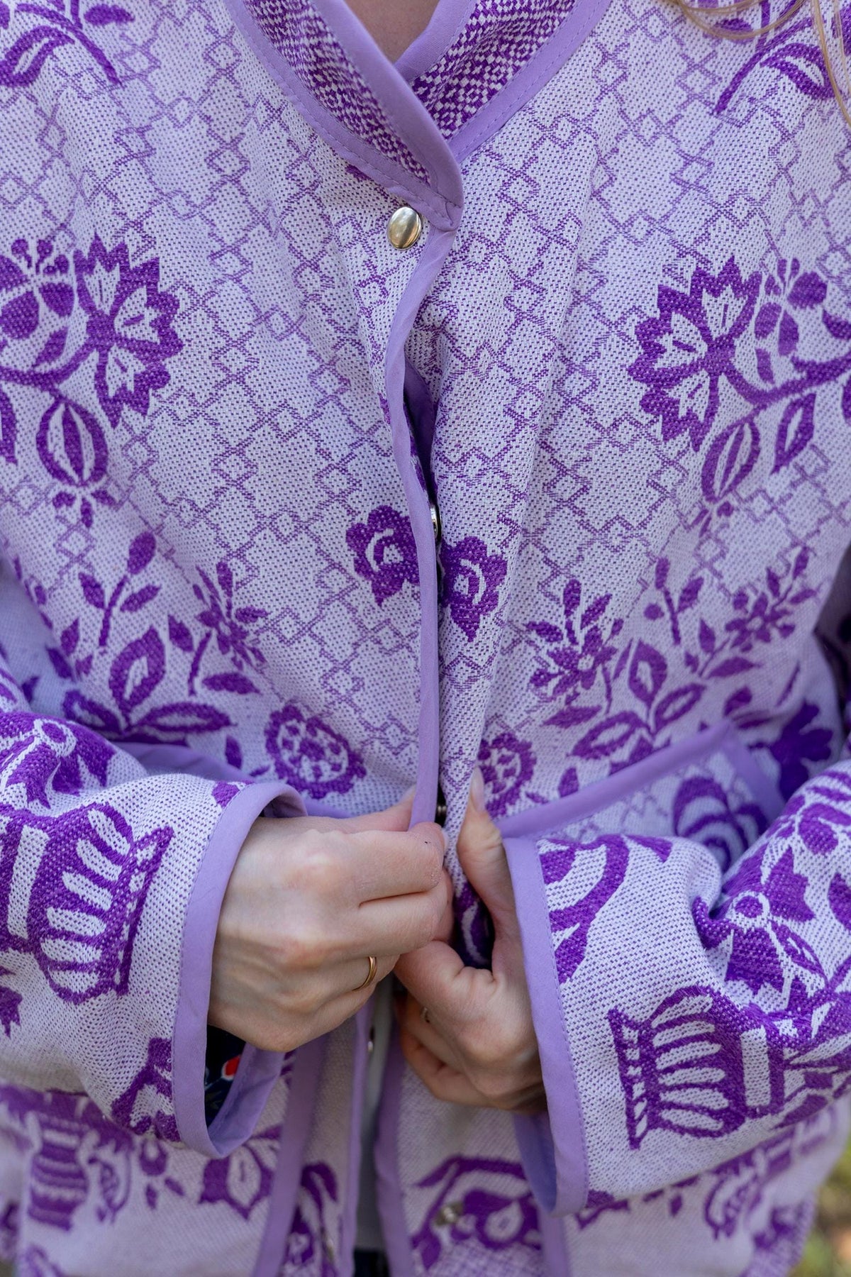 Upcycled Floral Quilt Bomber Jacket, Oversized Purple Statement Coat, Sustainable M/L