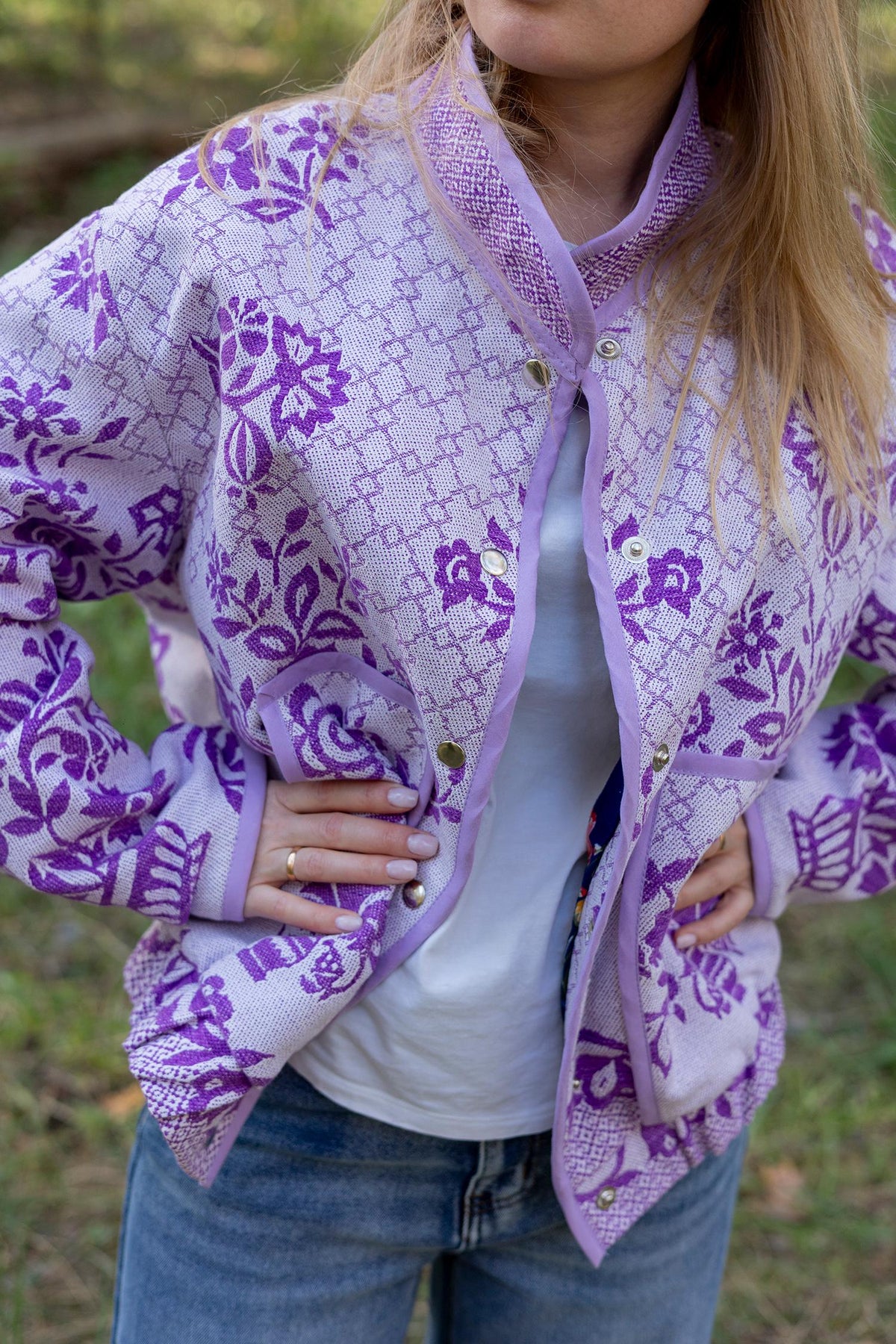Upcycled Floral Quilt Bomber Jacket, Oversized Purple Statement Coat, Sustainable M/L