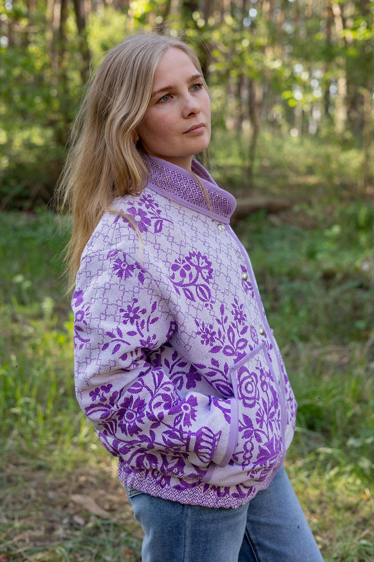 Upcycled Floral Quilt Bomber Jacket, Oversized Purple Statement Coat, Sustainable M/L