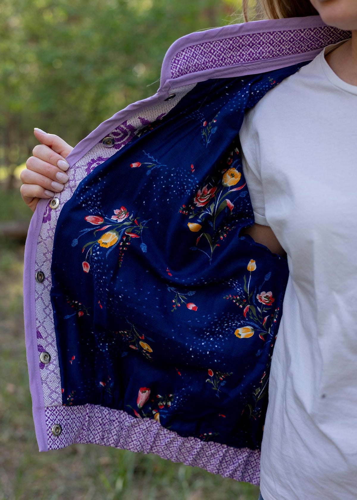 Upcycled Floral Quilt Bomber Jacket, Oversized Purple Statement Coat, Sustainable M/L