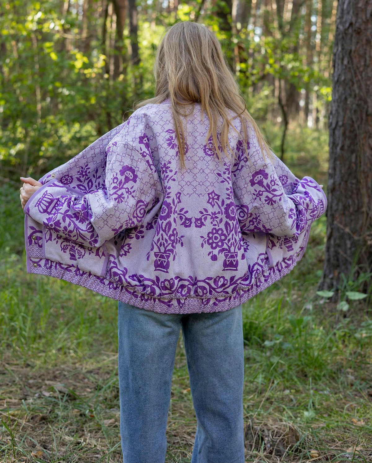Upcycled Floral Quilt Bomber Jacket, Oversized Purple Statement Coat, Sustainable M/L