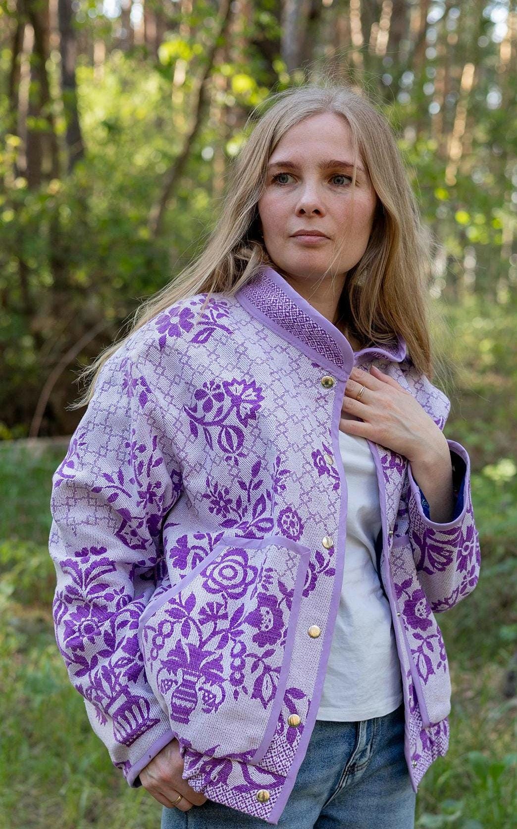 Upcycled Floral Quilt Bomber Jacket, Oversized Purple Statement Coat, Sustainable M/L
