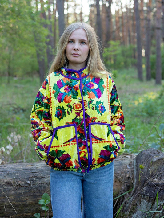 Upcycled Vintage Plush Blanket Jacket , Vibrant Floral Boho Coat , Oversized Sustainable Fashion , Size S-L