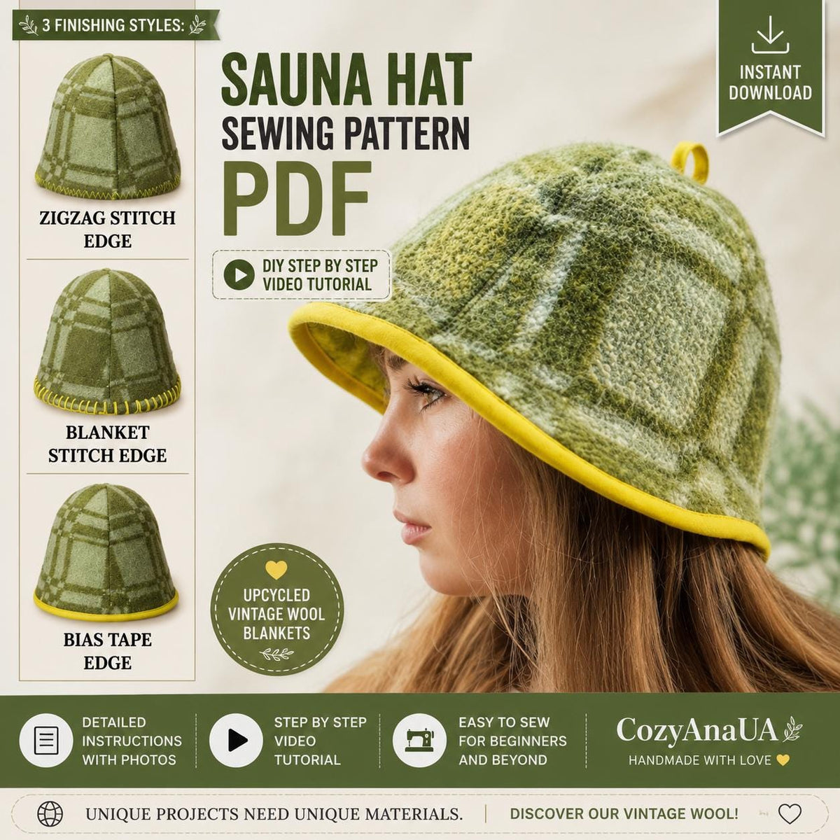 Sauna Hat Sewing Pattern PDF, 3 Styles, Video Tutorial (Digital Download, Instant Download)