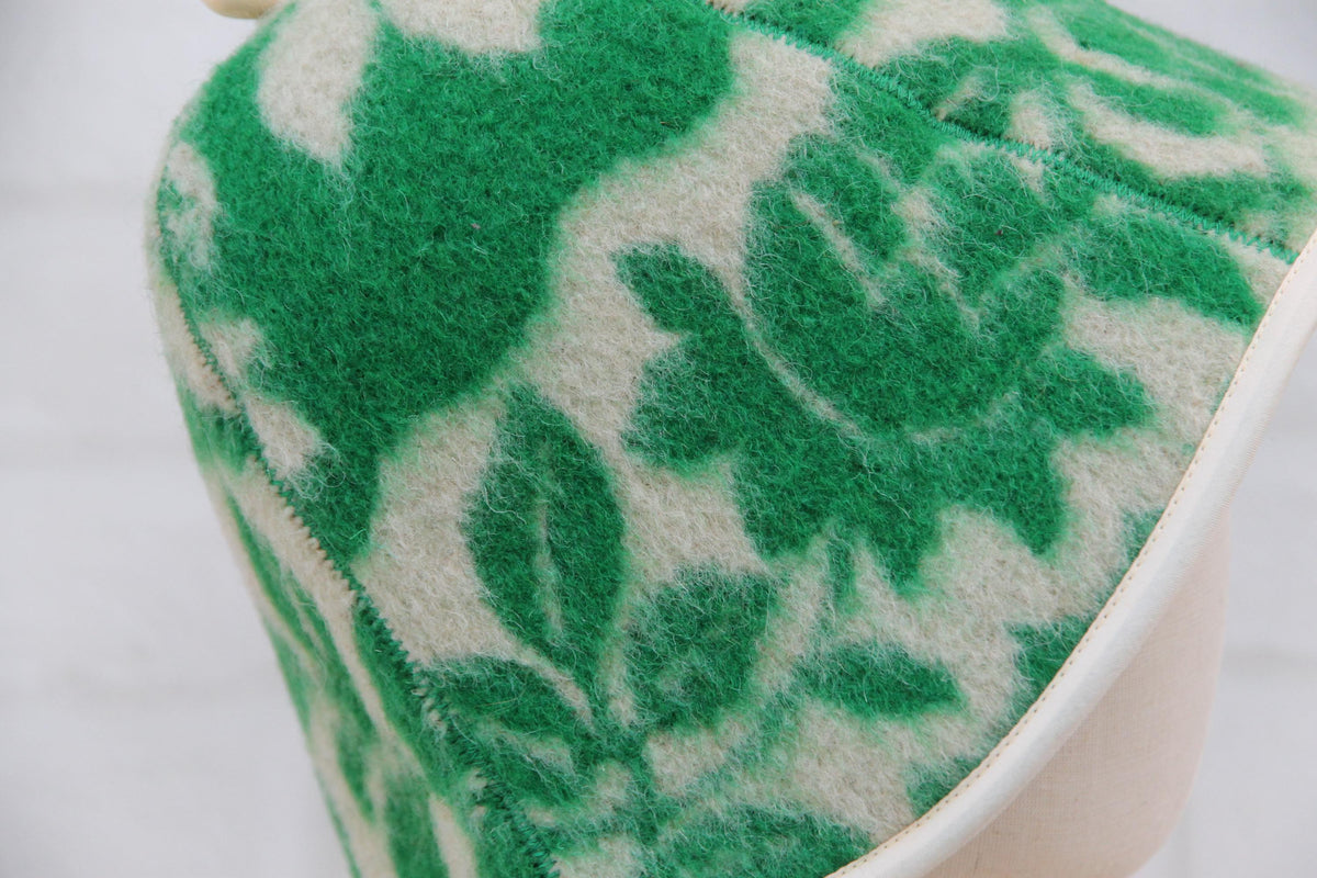 Handmade Felted Wool Sauna Hat, Green Floral Banya Cap, Spa Head Protection, Bath Accessory
