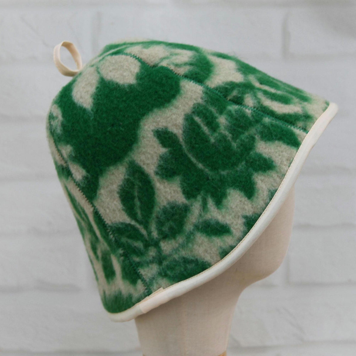 Handmade Felted Wool Sauna Hat, Green Floral Banya Cap, Spa Head Protection, Bath Accessory