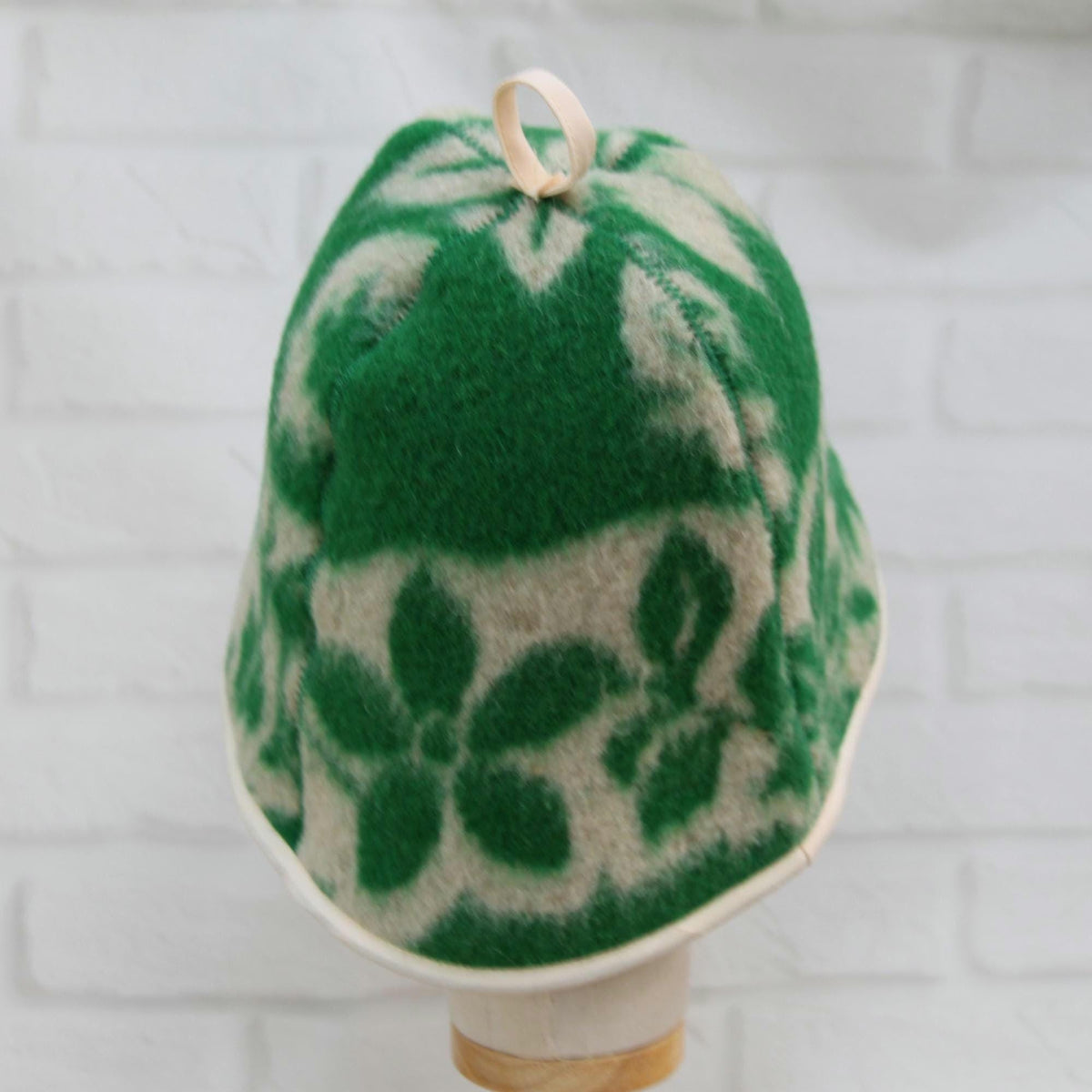 Handmade Felted Wool Sauna Hat, Green Floral Banya Cap, Spa Head Protection, Bath Accessory