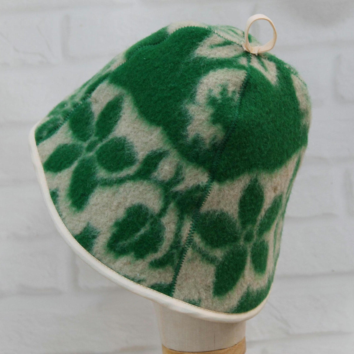 Handmade Felted Wool Sauna Hat, Green Floral Banya Cap, Spa Head Protection, Bath Accessory
