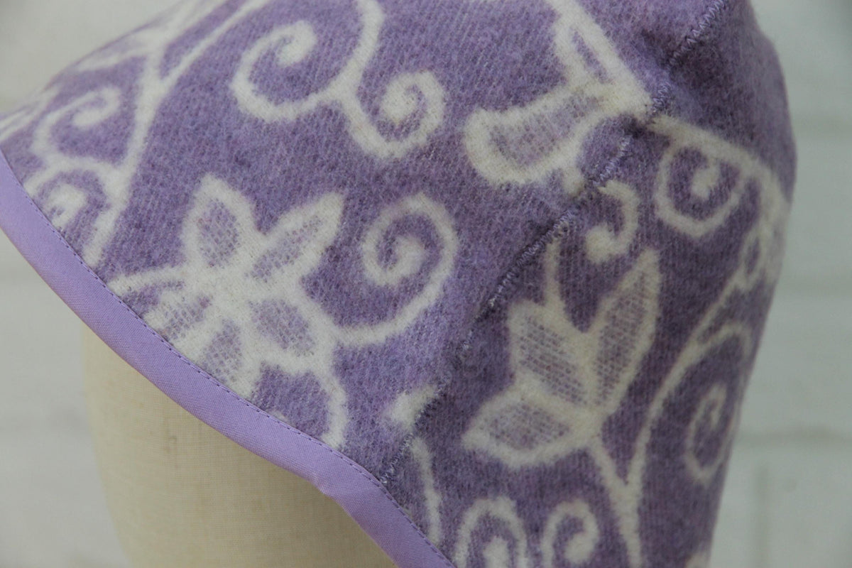 Reversible Lavender Floral Wool Sauna Hat, Banya Spa Head Protection, Bucket Style