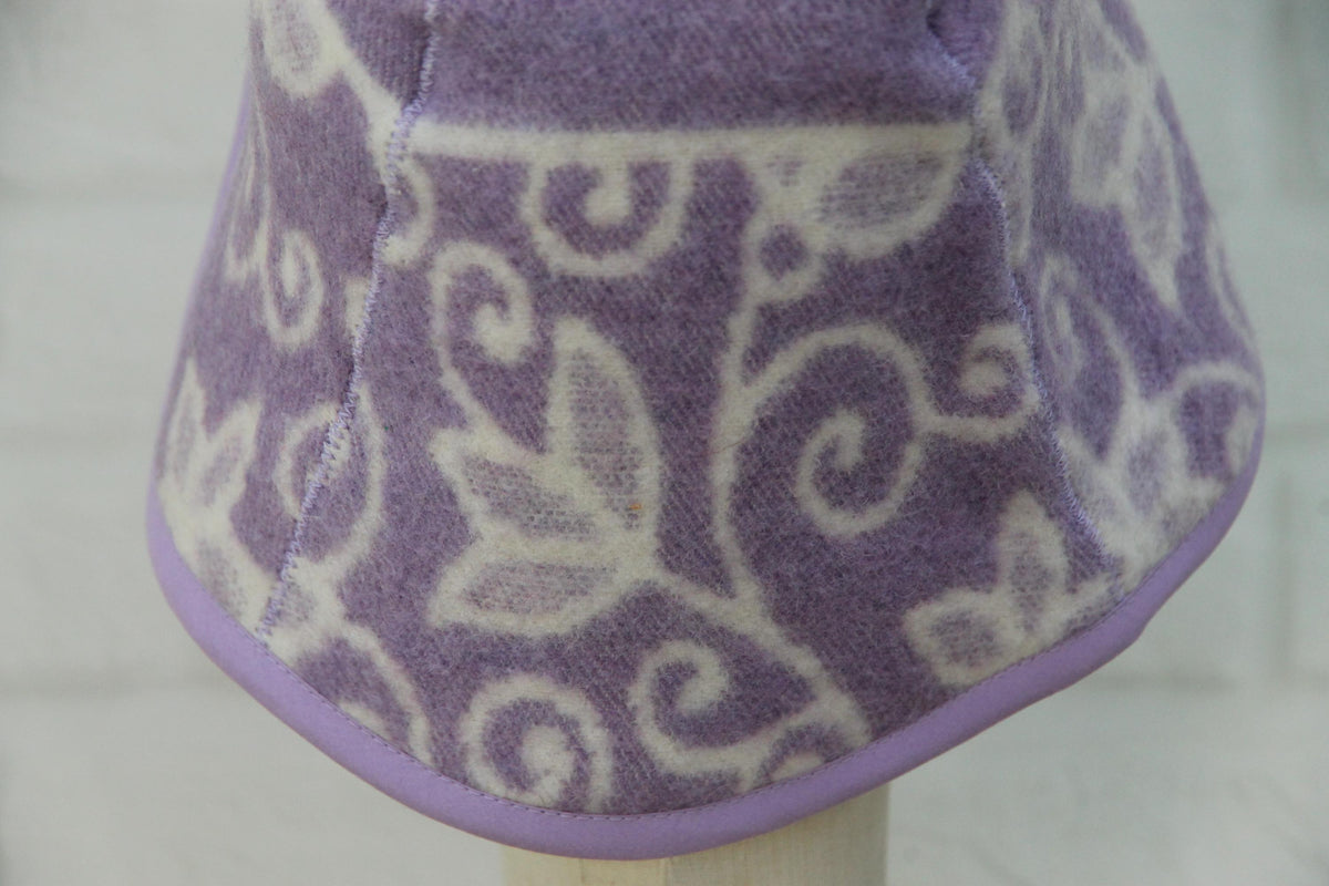 Reversible Lavender Floral Wool Sauna Hat, Banya Spa Head Protection, Bucket Style