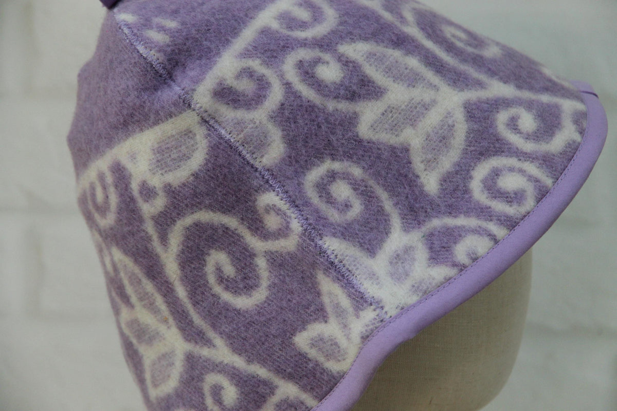 Reversible Lavender Floral Wool Sauna Hat, Banya Spa Head Protection, Bucket Style