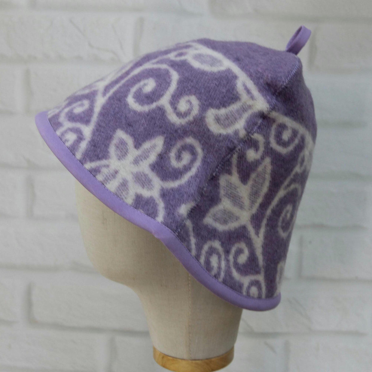 Reversible Lavender Floral Wool Sauna Hat, Banya Spa Head Protection, Bucket Style