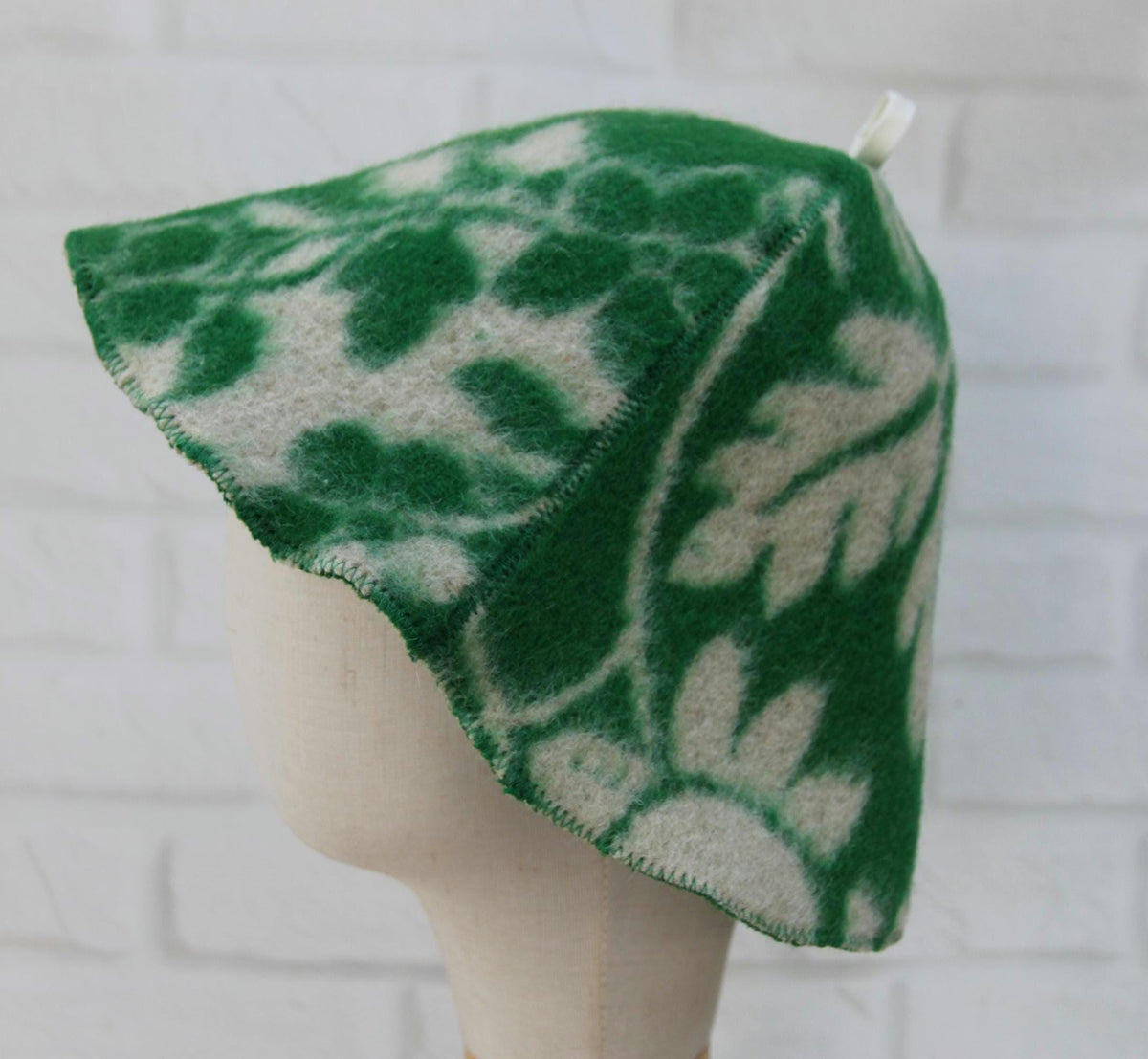 Upcycled Wool Sauna Hat, Green Leaf Pattern Banya Cap, Heat Protection Steam Room Accessory