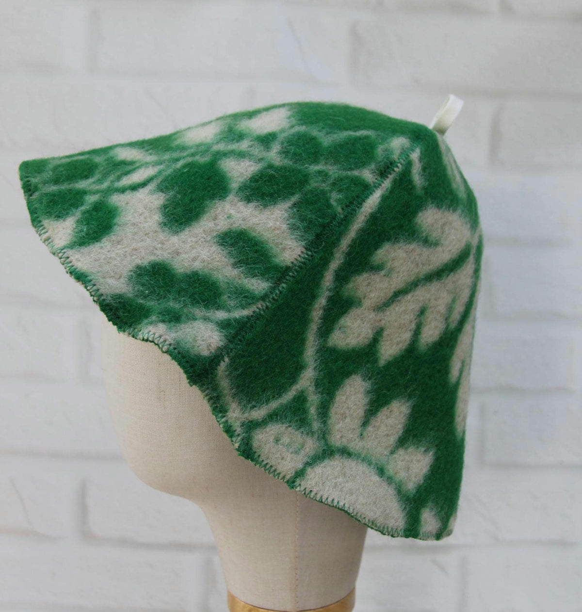 Upcycled Wool Sauna Hat, Green Leaf Pattern Banya Cap, Heat Protection Steam Room Accessory
