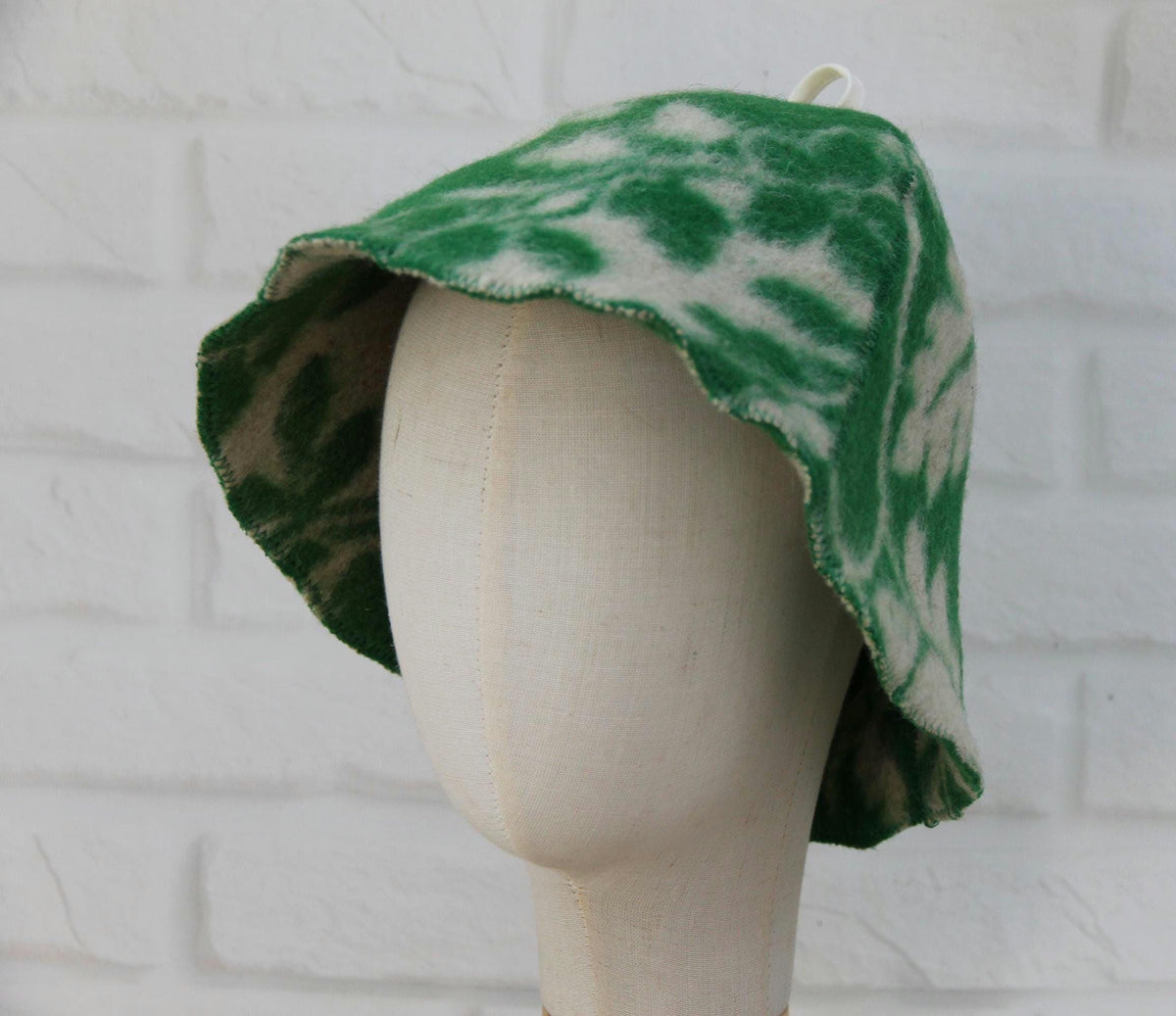 Upcycled Wool Sauna Hat, Green Leaf Pattern Banya Cap, Heat Protection Steam Room Accessory