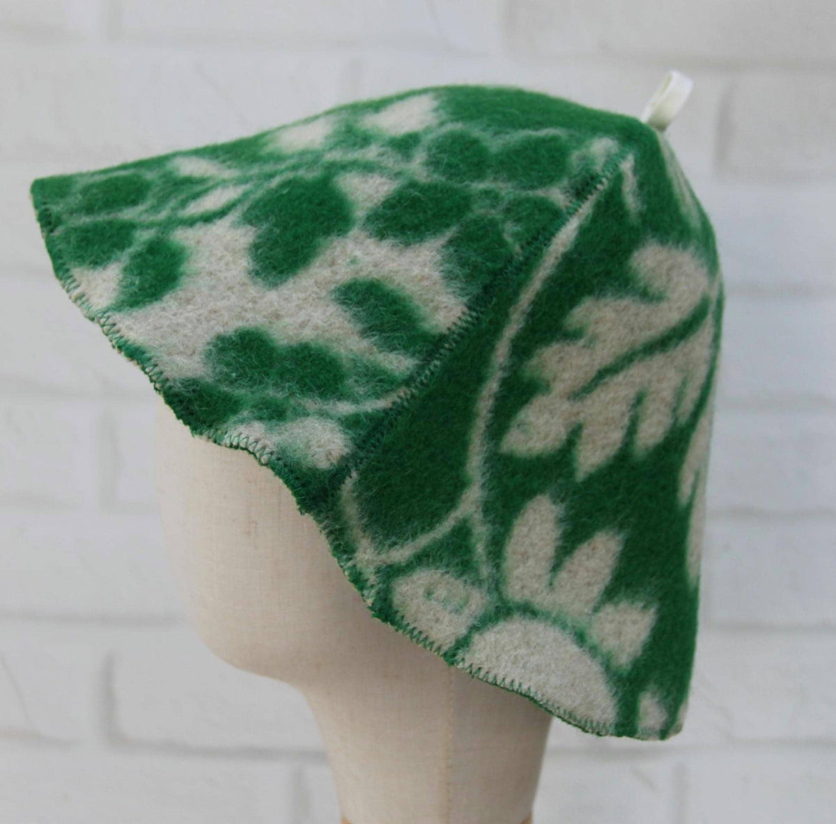 Upcycled Wool Sauna Hat, Green Leaf Pattern Banya Cap, Heat Protection Steam Room Accessory