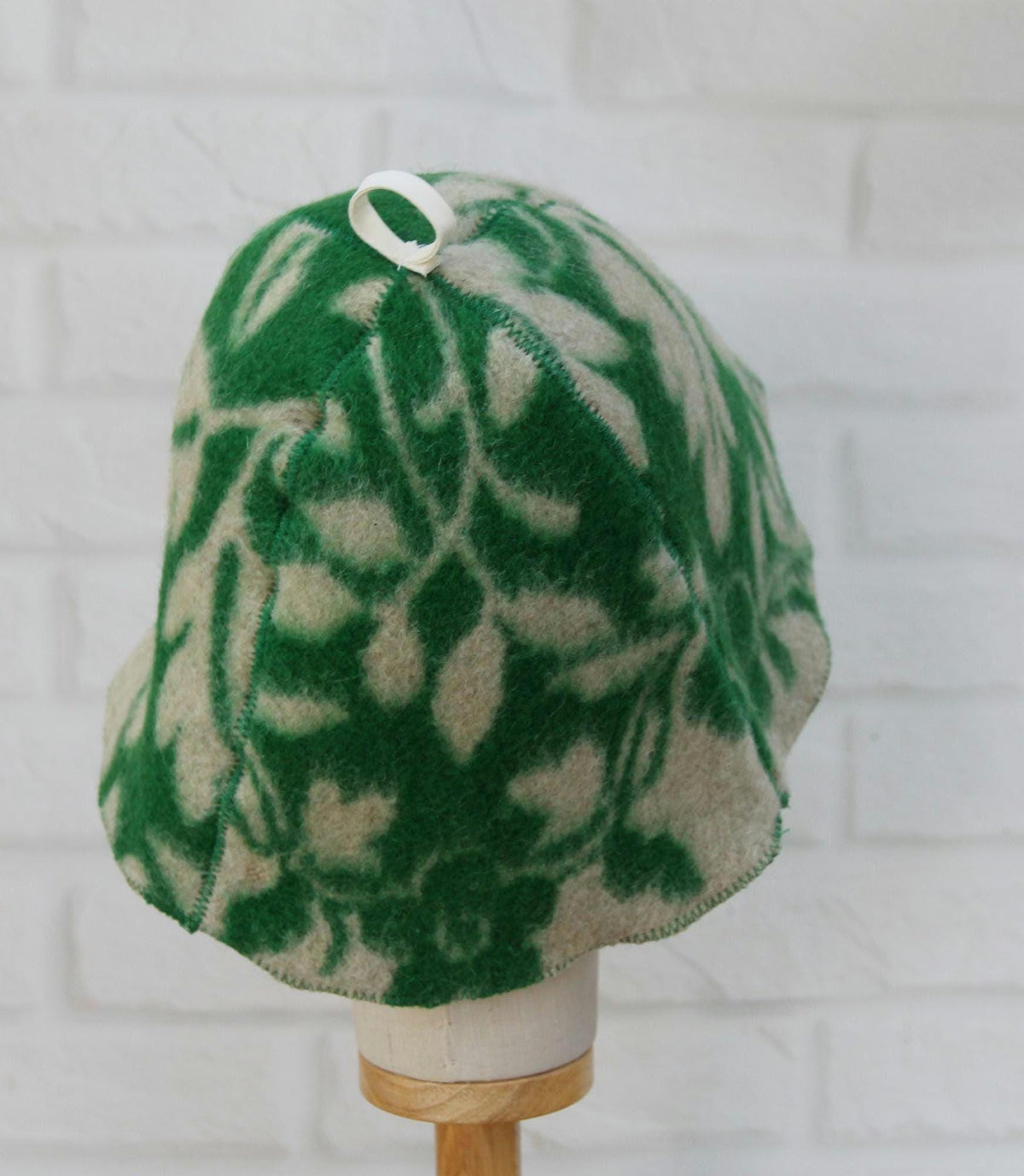Upcycled Wool Sauna Hat, Green Leaf Pattern Banya Cap, Heat Protection Steam Room Accessory