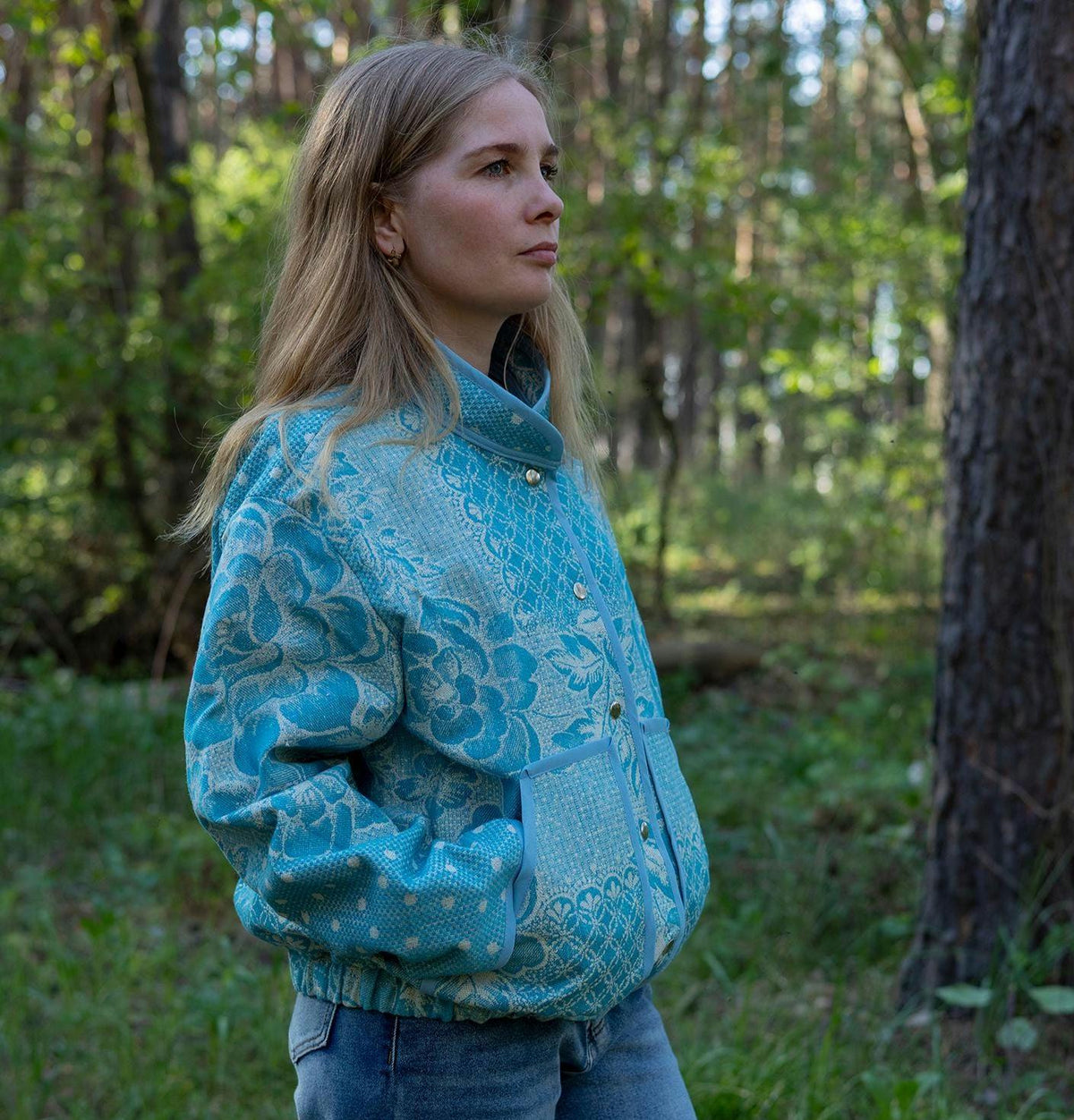 Upcycled Vintage Blanket Bomber Jacket, Turquoise Boho Quilted Outerwear M-L