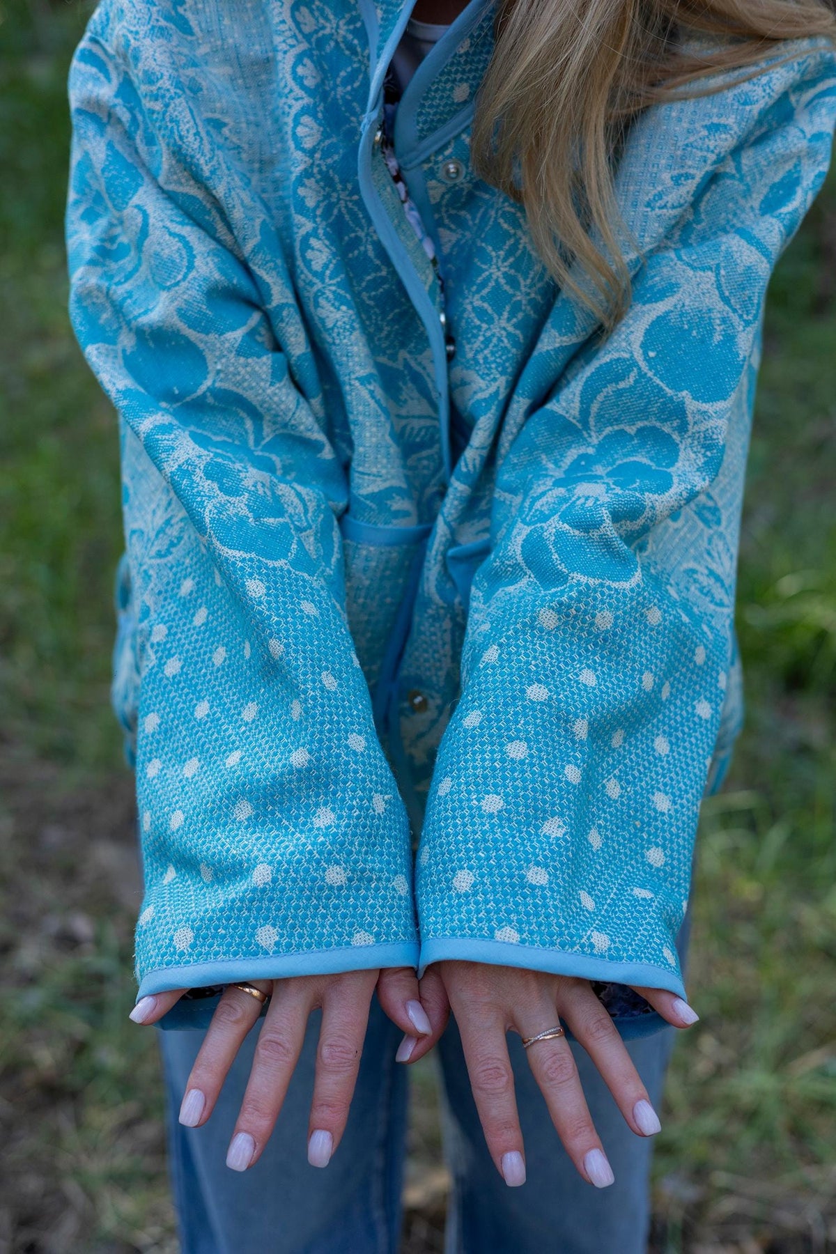 Upcycled Vintage Blanket Bomber Jacket, Turquoise Boho Quilted Outerwear M-L