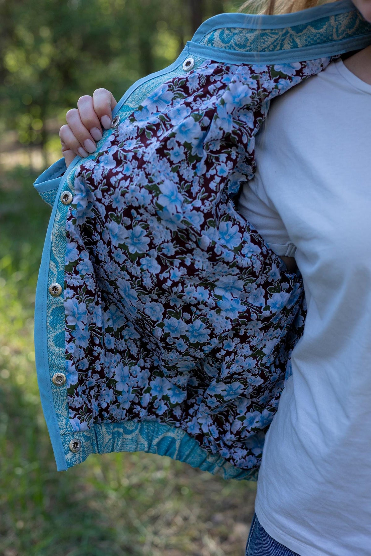 Upcycled Vintage Blanket Bomber Jacket, Turquoise Boho Quilted Outerwear M-L