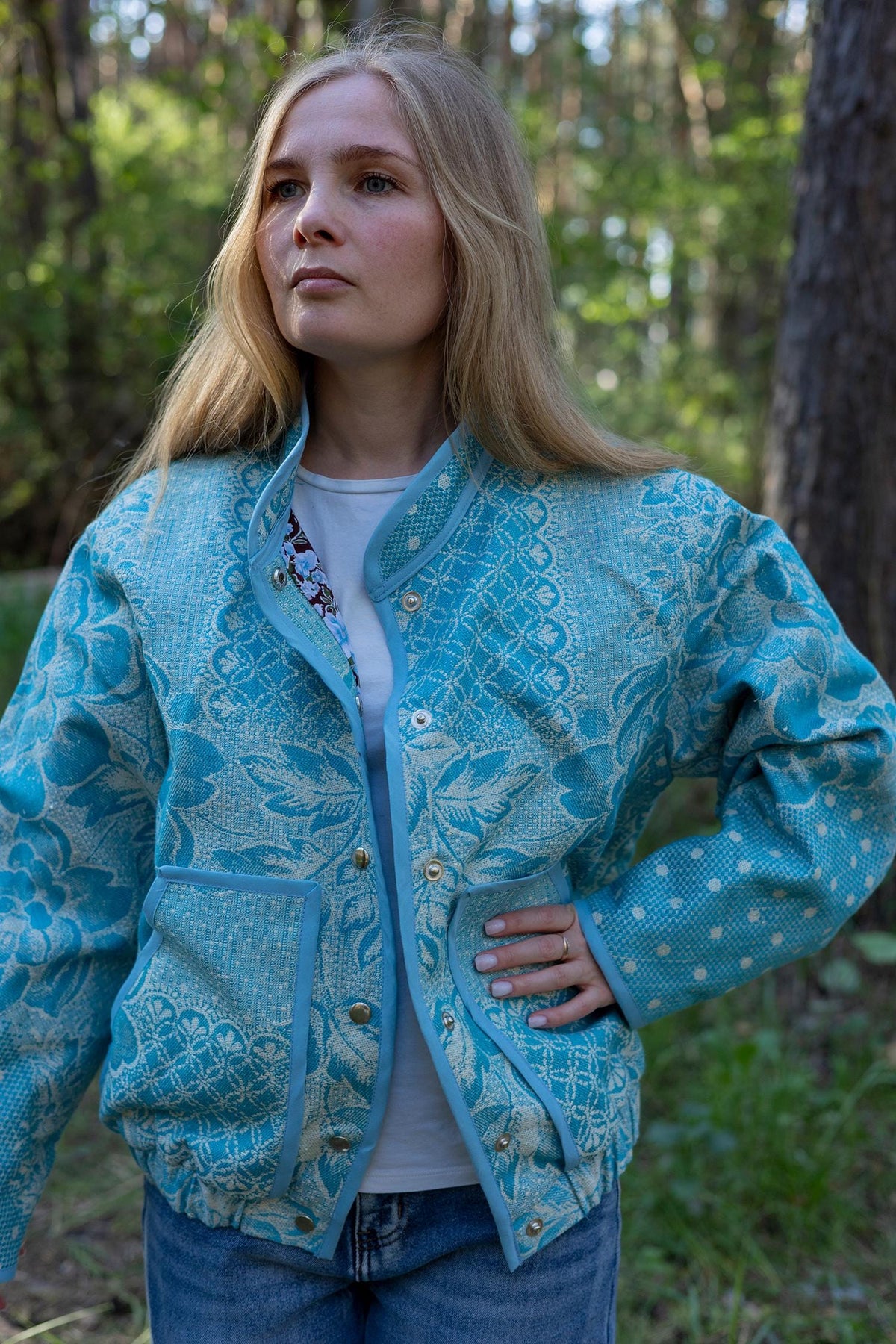 Upcycled Vintage Blanket Bomber Jacket, Turquoise Boho Quilted Outerwear M-L