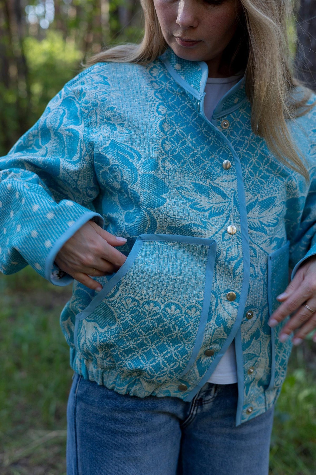Upcycled Vintage Blanket Bomber Jacket, Turquoise Boho Quilted Outerwear M-L