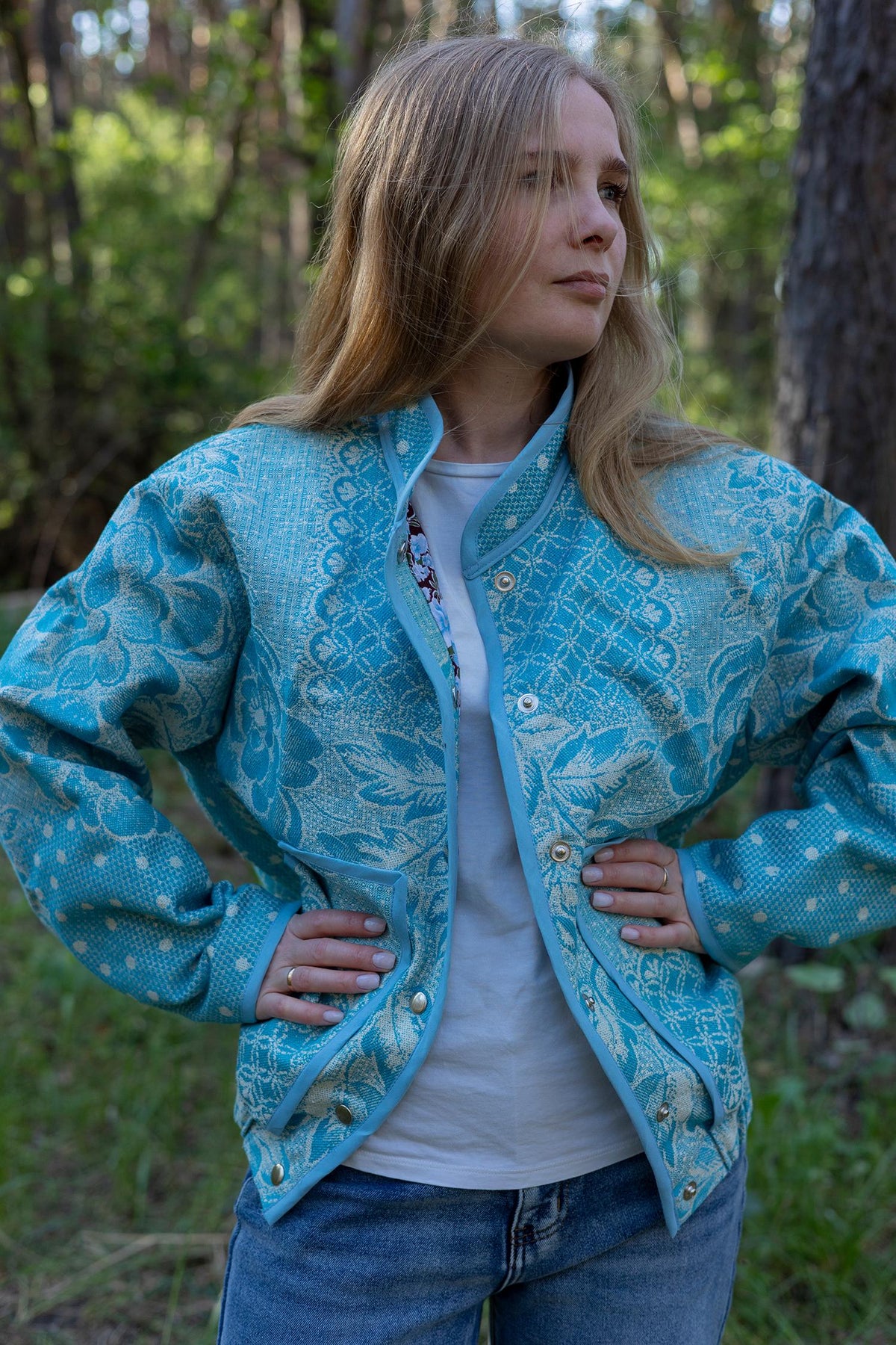 Upcycled Vintage Blanket Bomber Jacket, Turquoise Boho Quilted Outerwear M-L