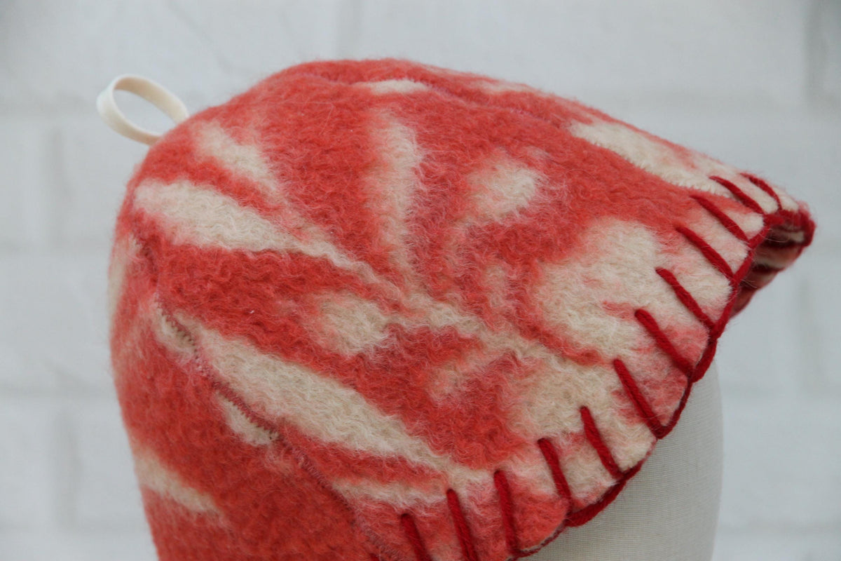 Red Floral Upcycled Wool Sauna Hat, Banya Accessory, Heat Protection Spa Cap