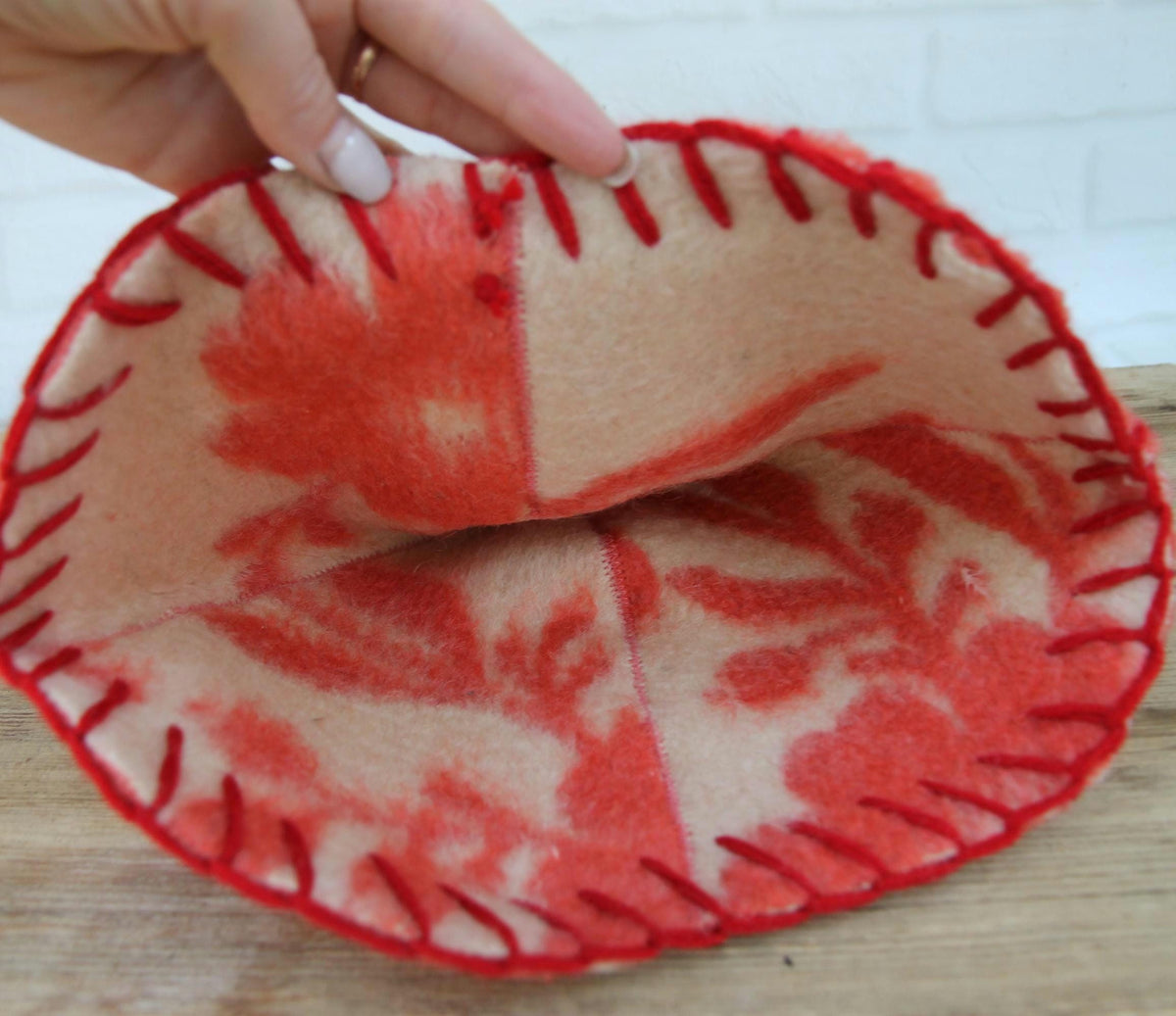 Red Floral Upcycled Wool Sauna Hat, Banya Accessory, Heat Protection Spa Cap