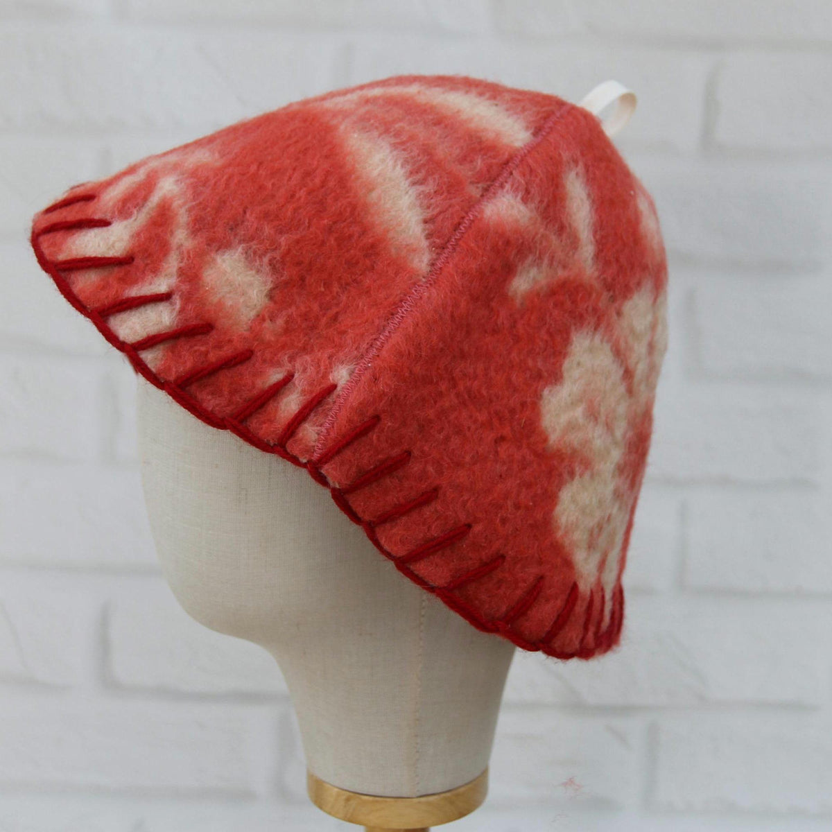 Red Floral Upcycled Wool Sauna Hat, Banya Accessory, Heat Protection Spa Cap
