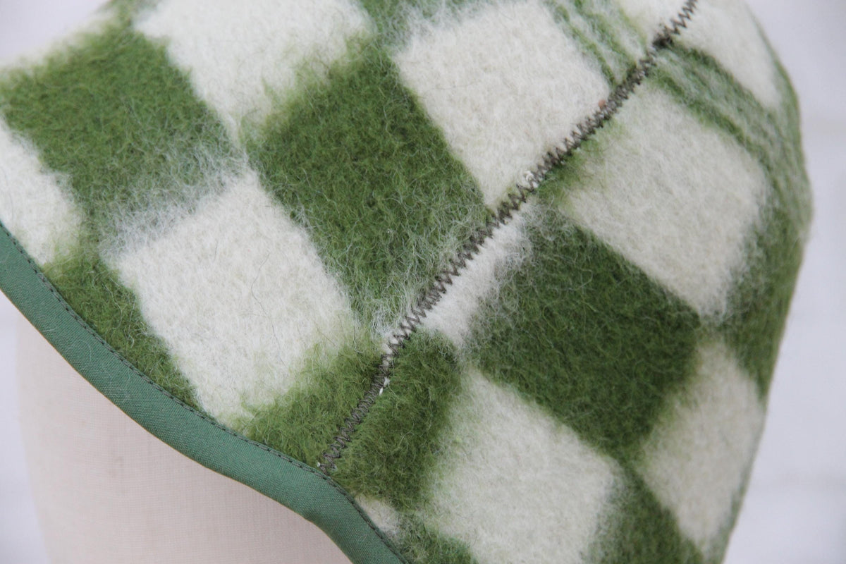 Upcycled Wool Plaid Sauna Hat, Green Checkered Banya Cap, Heat Protection Spa Accessory