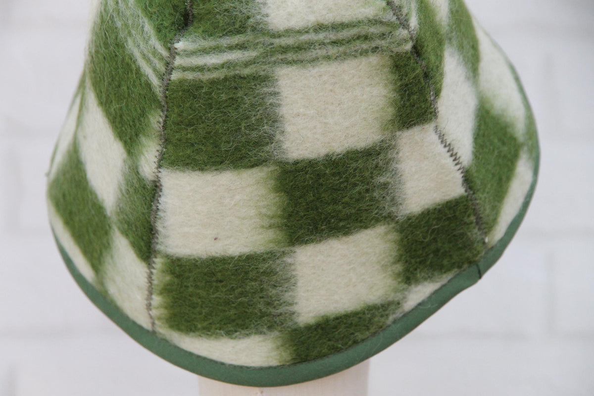 Upcycled Wool Plaid Sauna Hat, Green Checkered Banya Cap, Heat Protection Spa Accessory