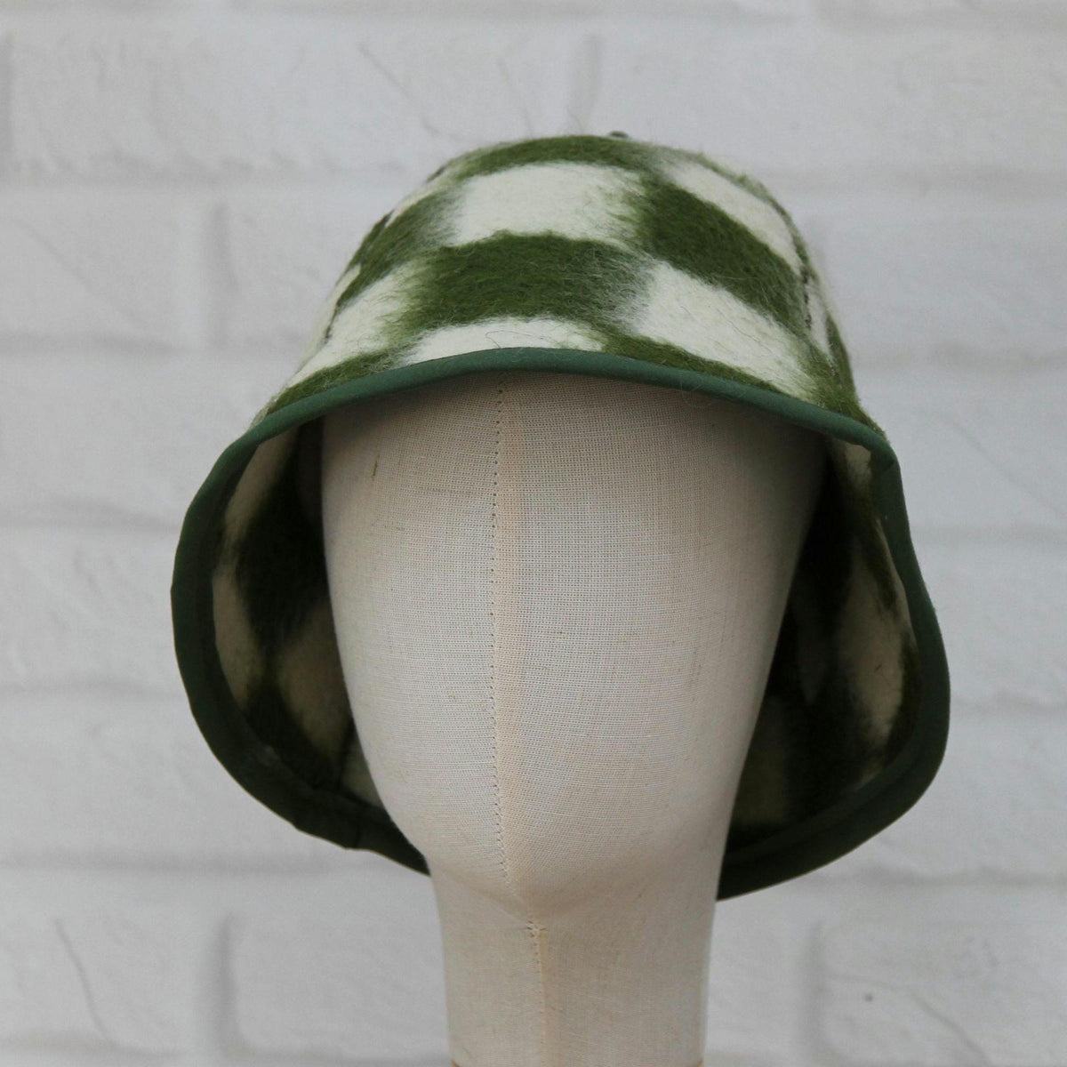 Upcycled Wool Plaid Sauna Hat, Green Checkered Banya Cap, Heat Protection Spa Accessory