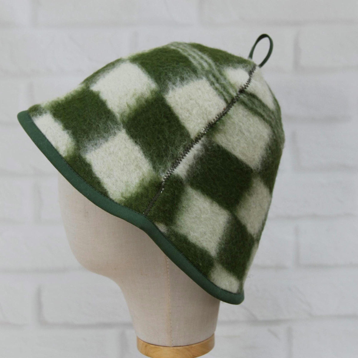 Upcycled Wool Plaid Sauna Hat, Green Checkered Banya Cap, Heat Protection Spa Accessory