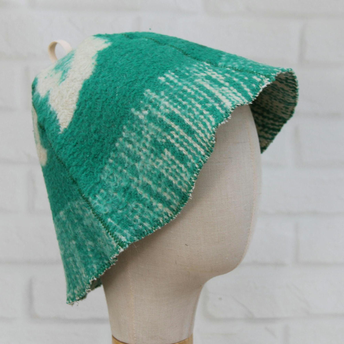 Upcycled Wool Blanket Sauna Hat, Green Cream Banya Cap, Eco-Friendly Spa Headwear