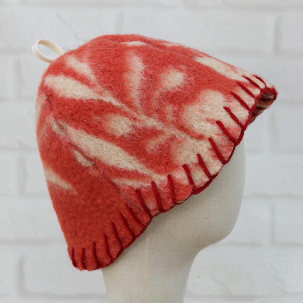 Red Floral Upcycled Wool Sauna Hat, Banya Accessory, Heat Protection Spa Cap