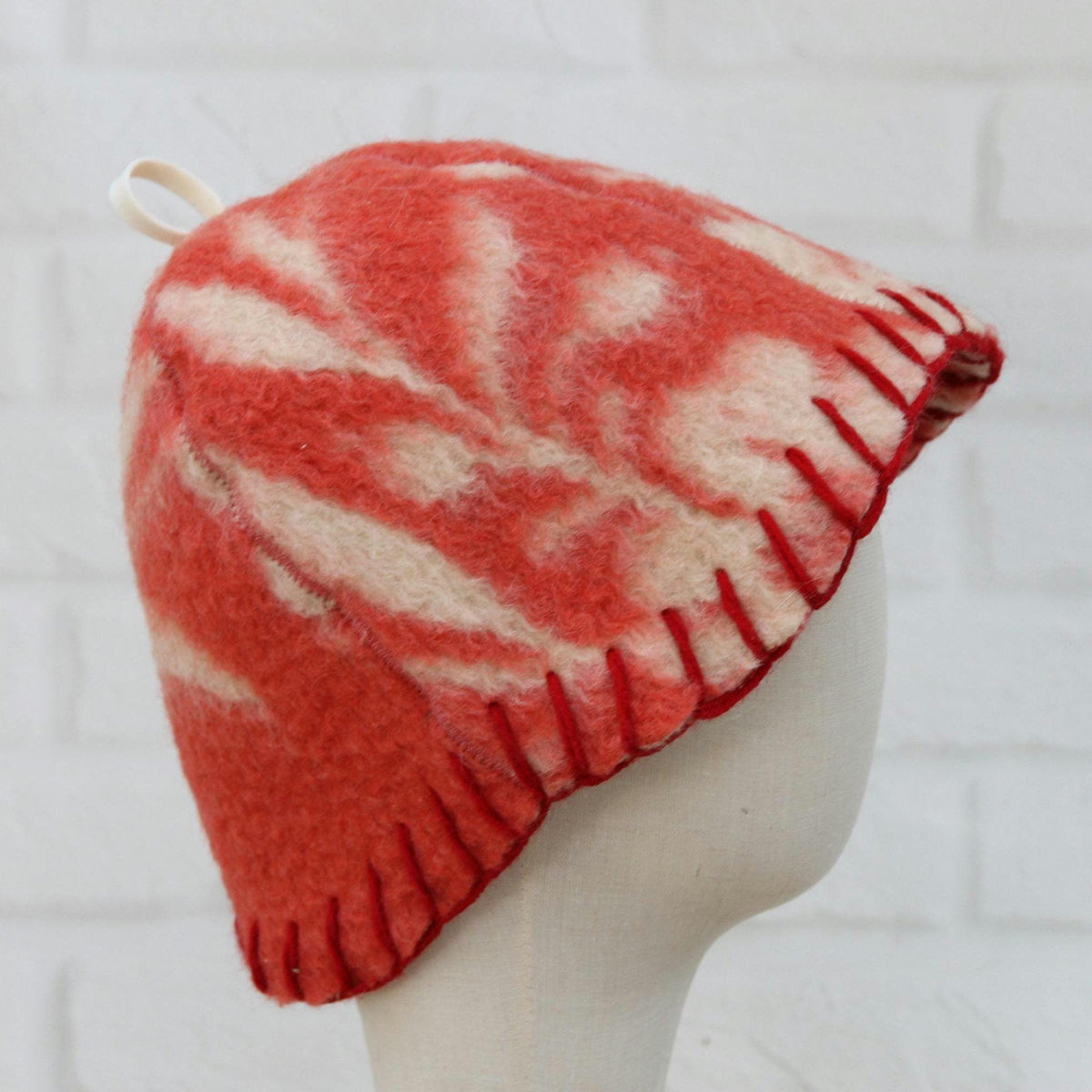 Red Floral Upcycled Wool Sauna Hat, Banya Accessory, Heat Protection Spa Cap