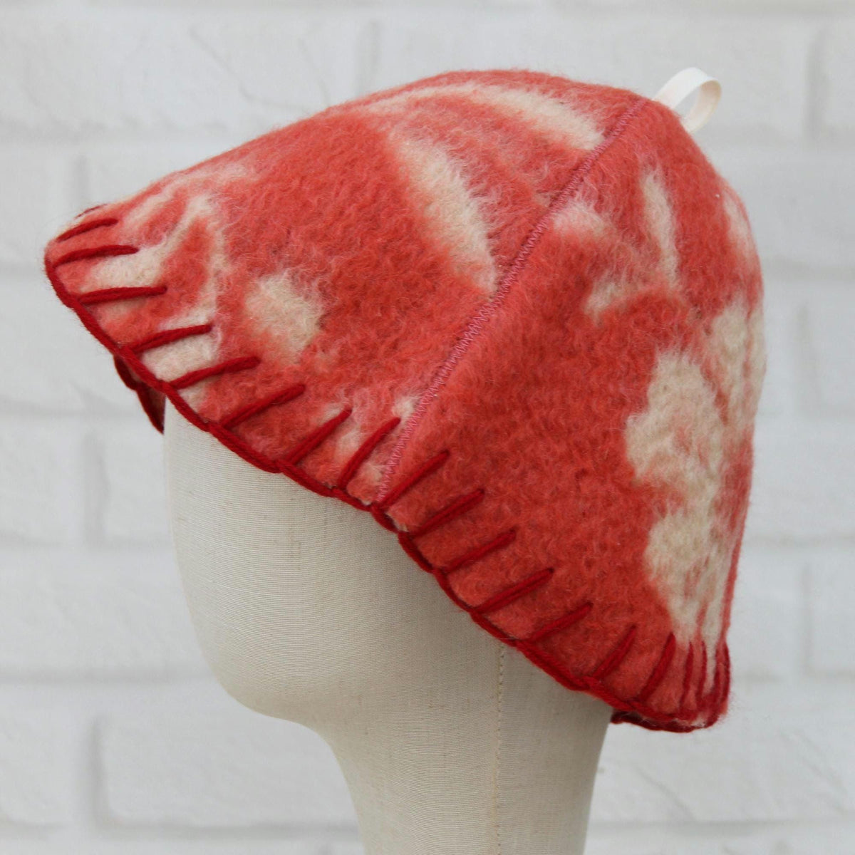 Red Floral Upcycled Wool Sauna Hat, Banya Accessory, Heat Protection Spa Cap