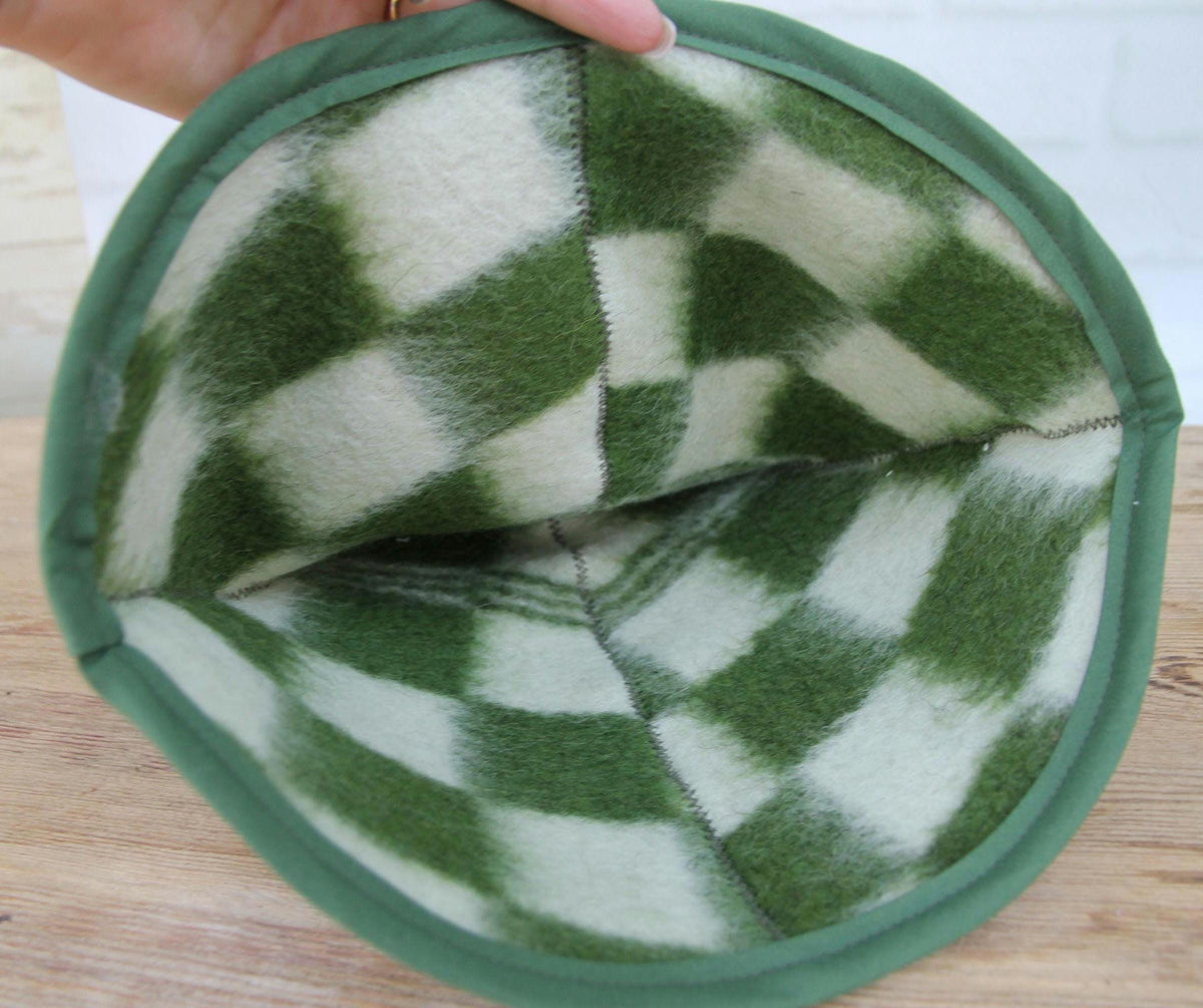 Upcycled Wool Plaid Sauna Hat, Green Checkered Banya Cap, Heat Protection Spa Accessory