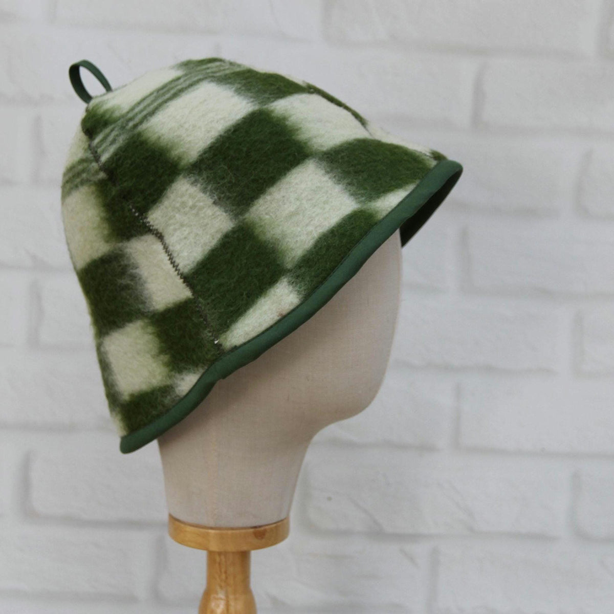 Upcycled Wool Plaid Sauna Hat, Green Checkered Banya Cap, Heat Protection Spa Accessory