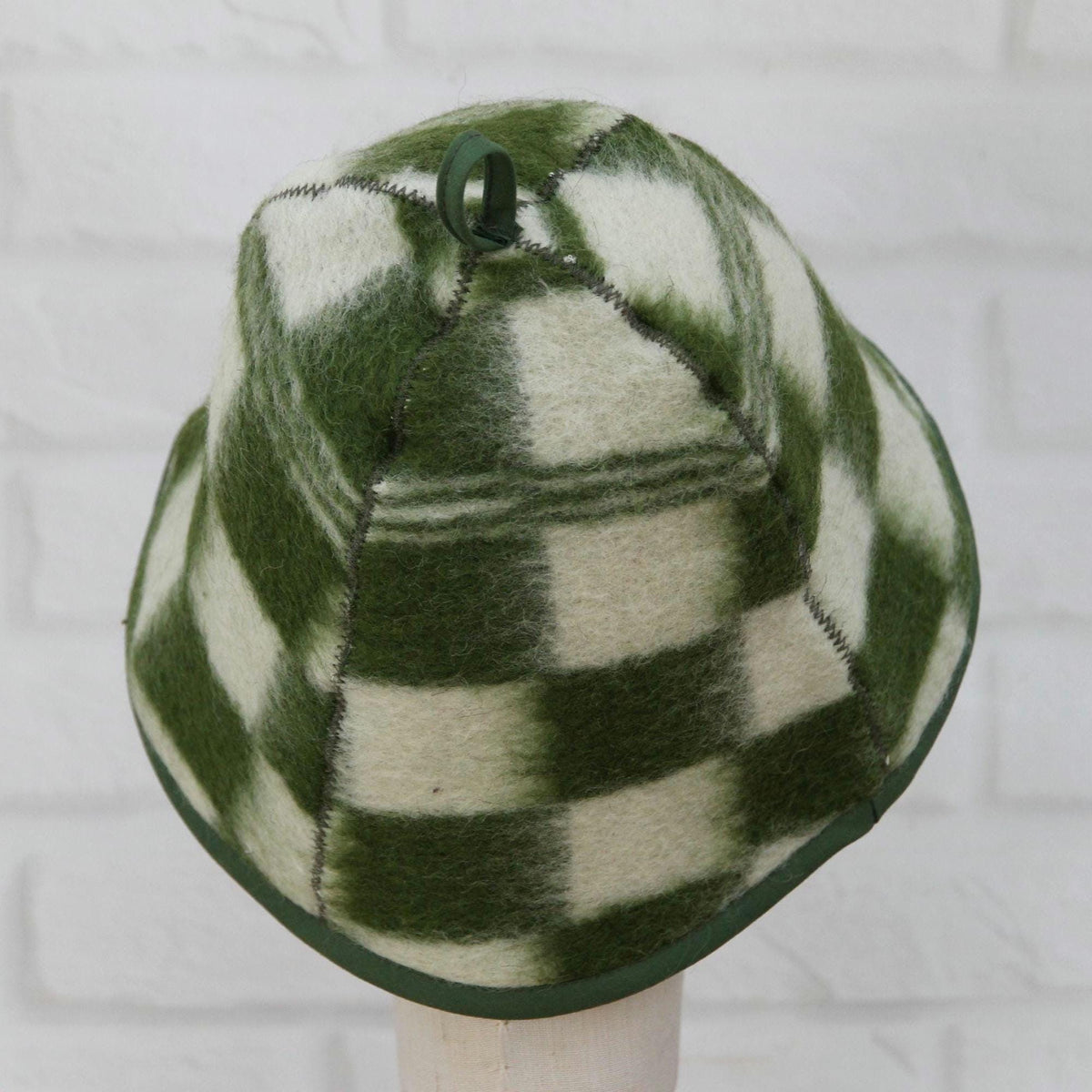 Upcycled Wool Plaid Sauna Hat, Green Checkered Banya Cap, Heat Protection Spa Accessory