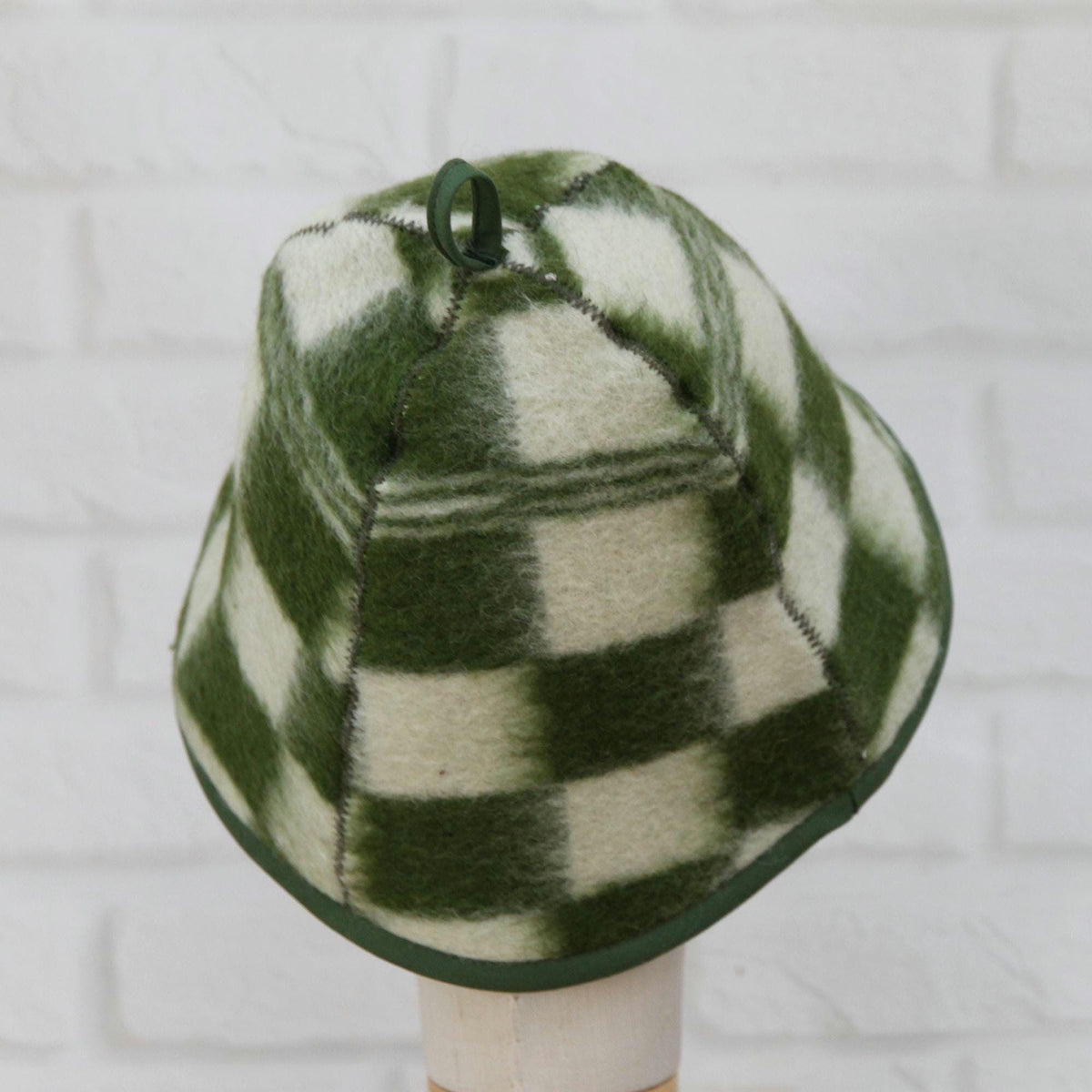 Upcycled Wool Plaid Sauna Hat, Green Checkered Banya Cap, Heat Protection Spa Accessory