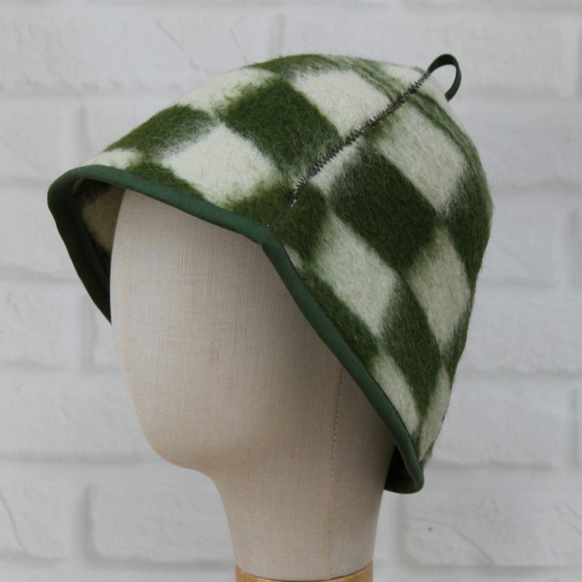 Upcycled Wool Plaid Sauna Hat, Green Checkered Banya Cap, Heat Protection Spa Accessory