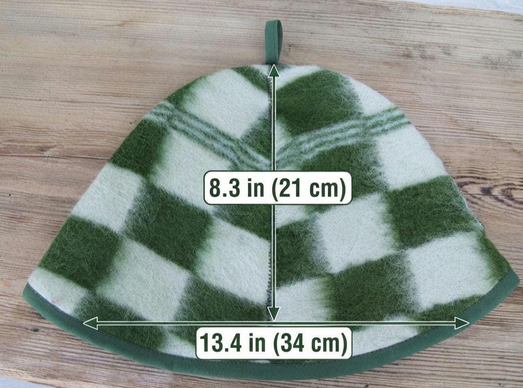 Upcycled Wool Plaid Sauna Hat, Green Checkered Banya Cap, Heat Protection Spa Accessory